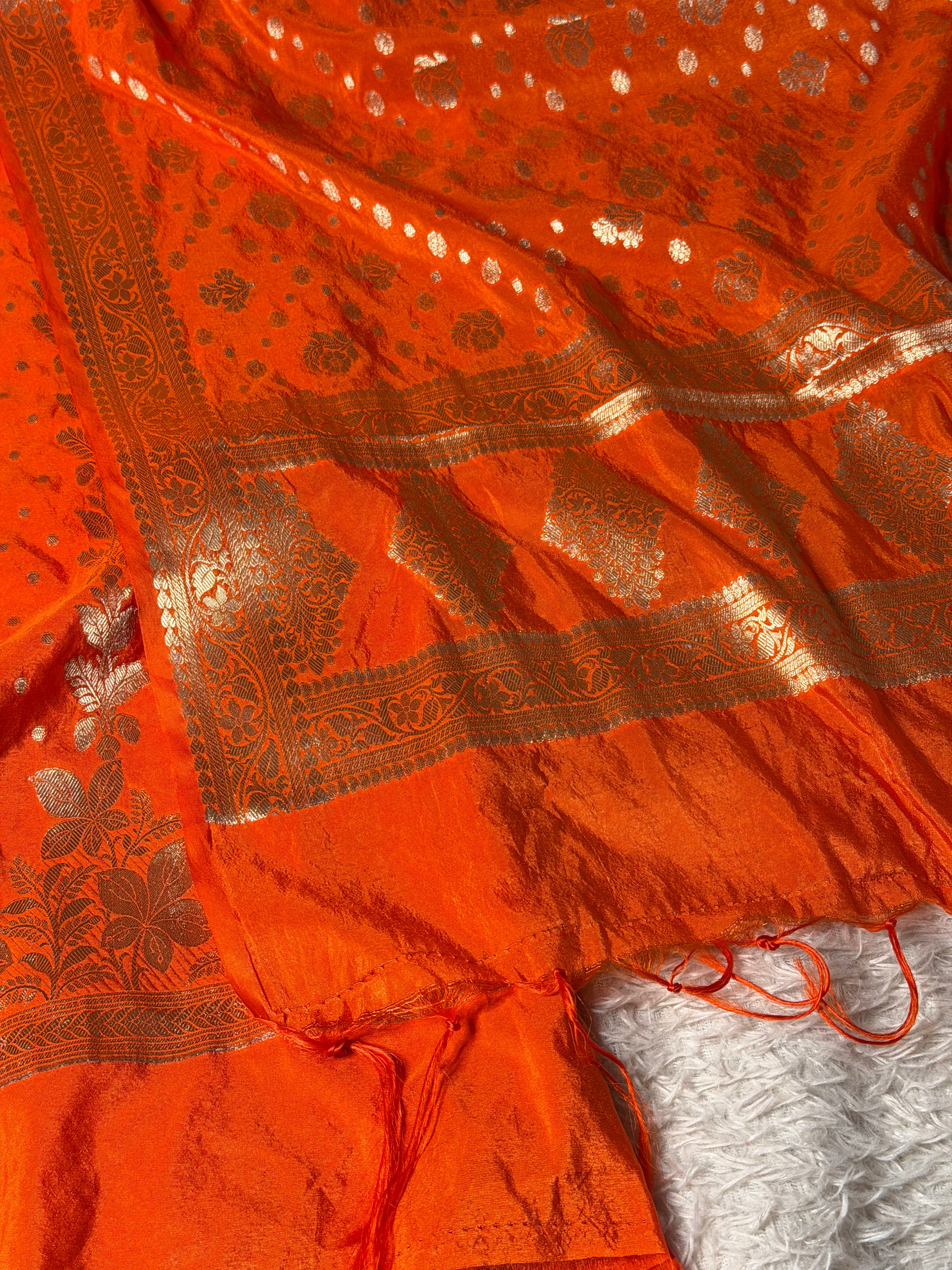 Bright oange chinia silk 3 pcs banarasi suit