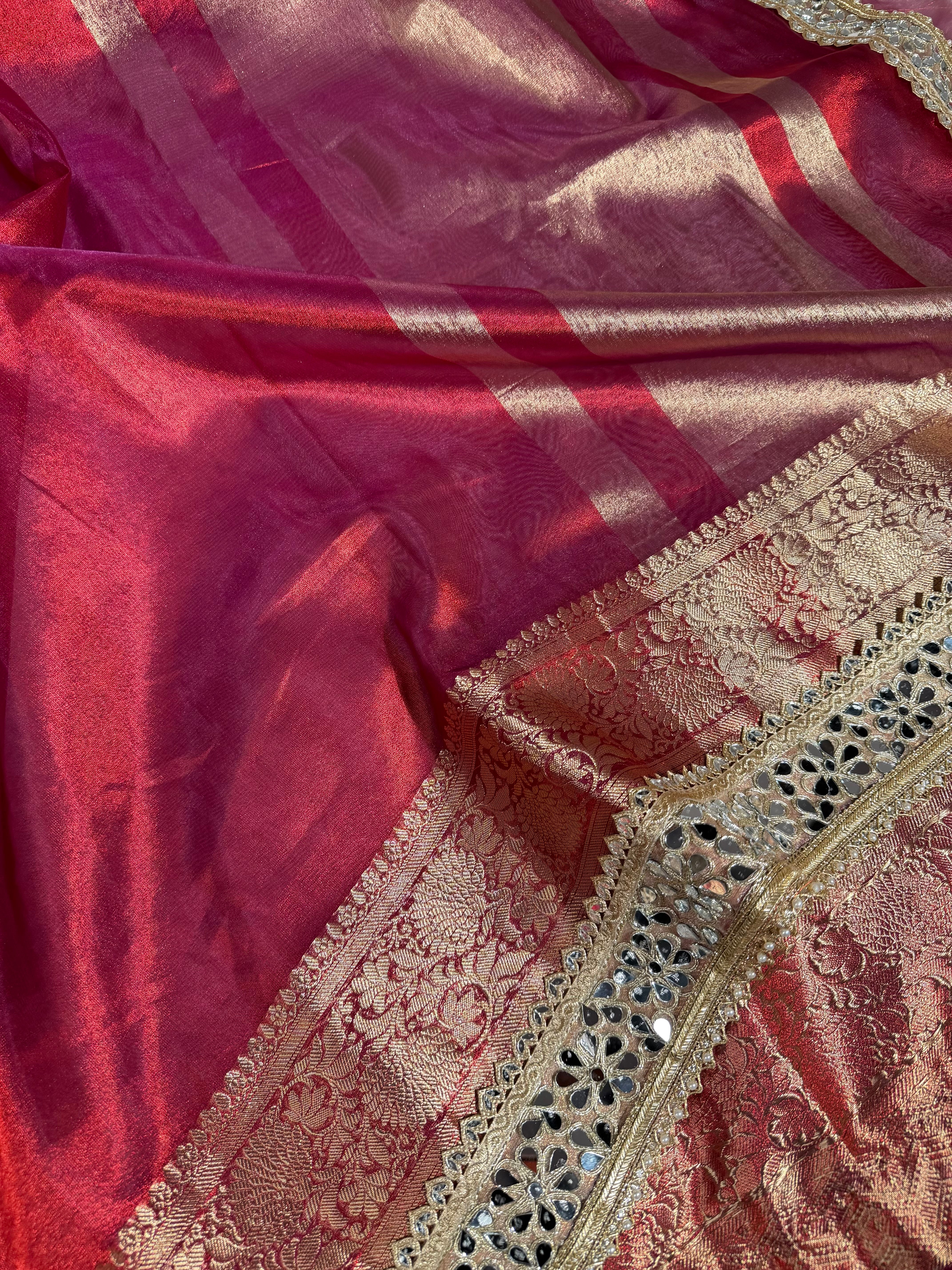 Metallic Red Bridal Tissue Mirror Work Saree