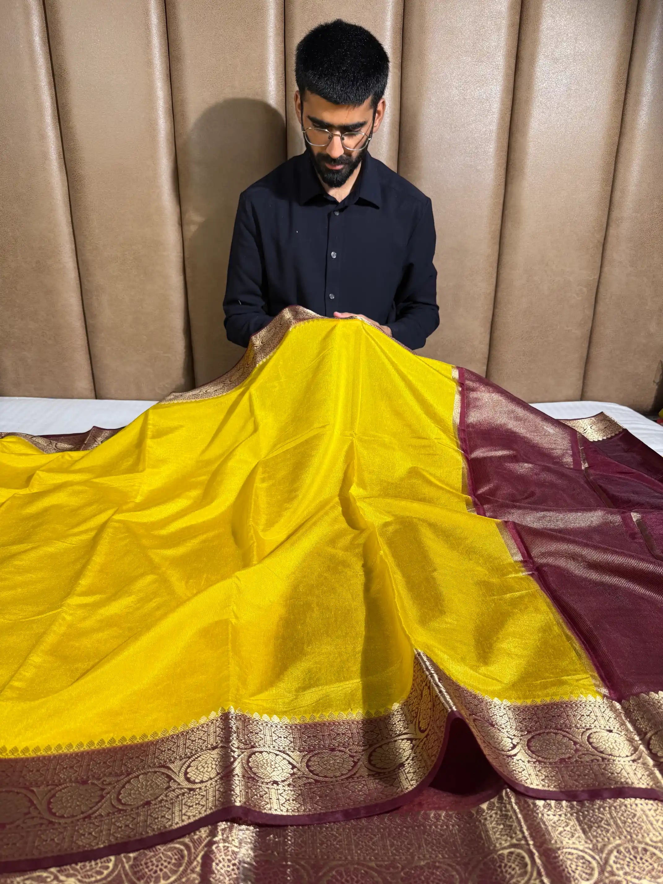 Contrast Mustard Mysore Crepe Silk Banarasi Saree