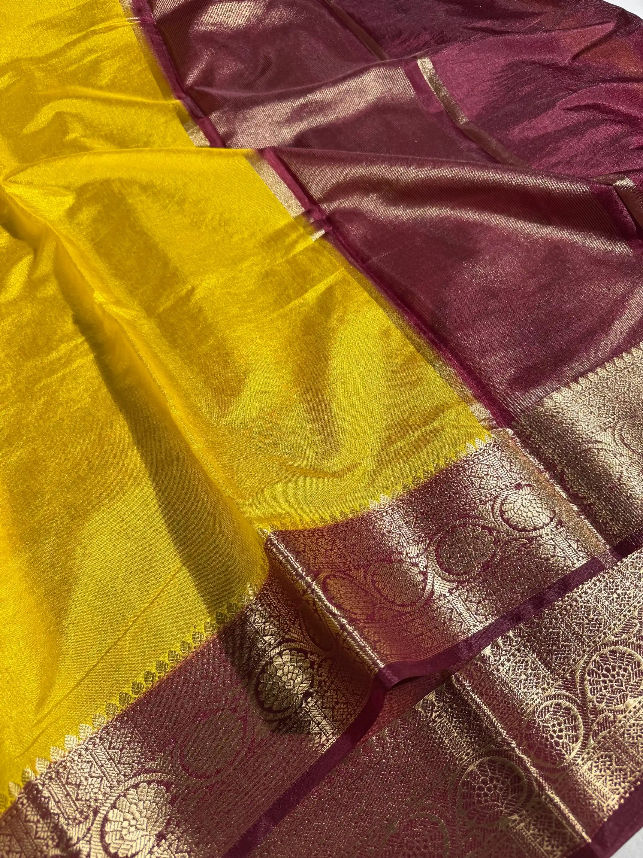 Contrast Mustard Mysore Crepe Silk Banarasi Saree