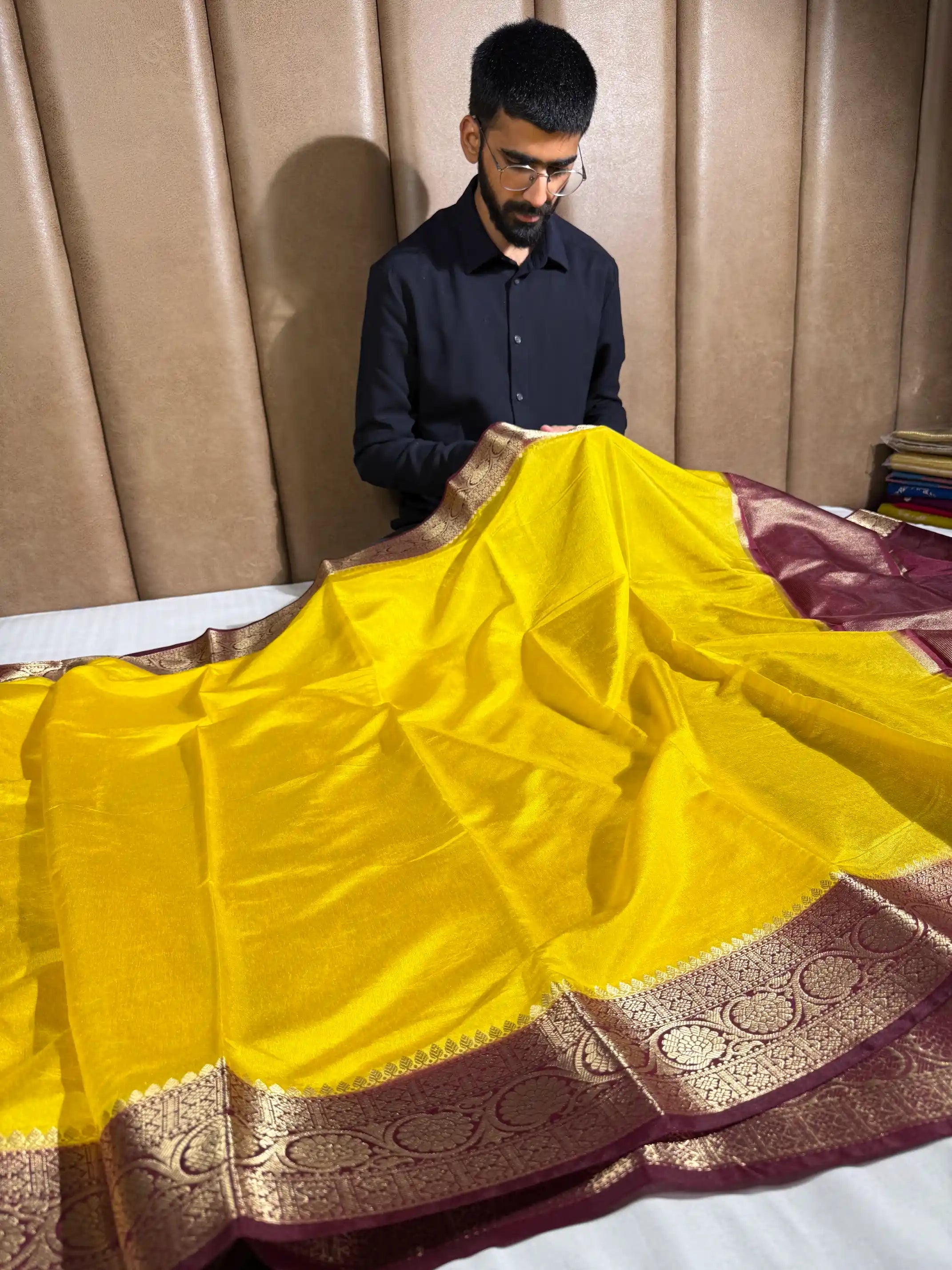 Contrast Mustard Mysore Crepe Silk Banarasi Saree