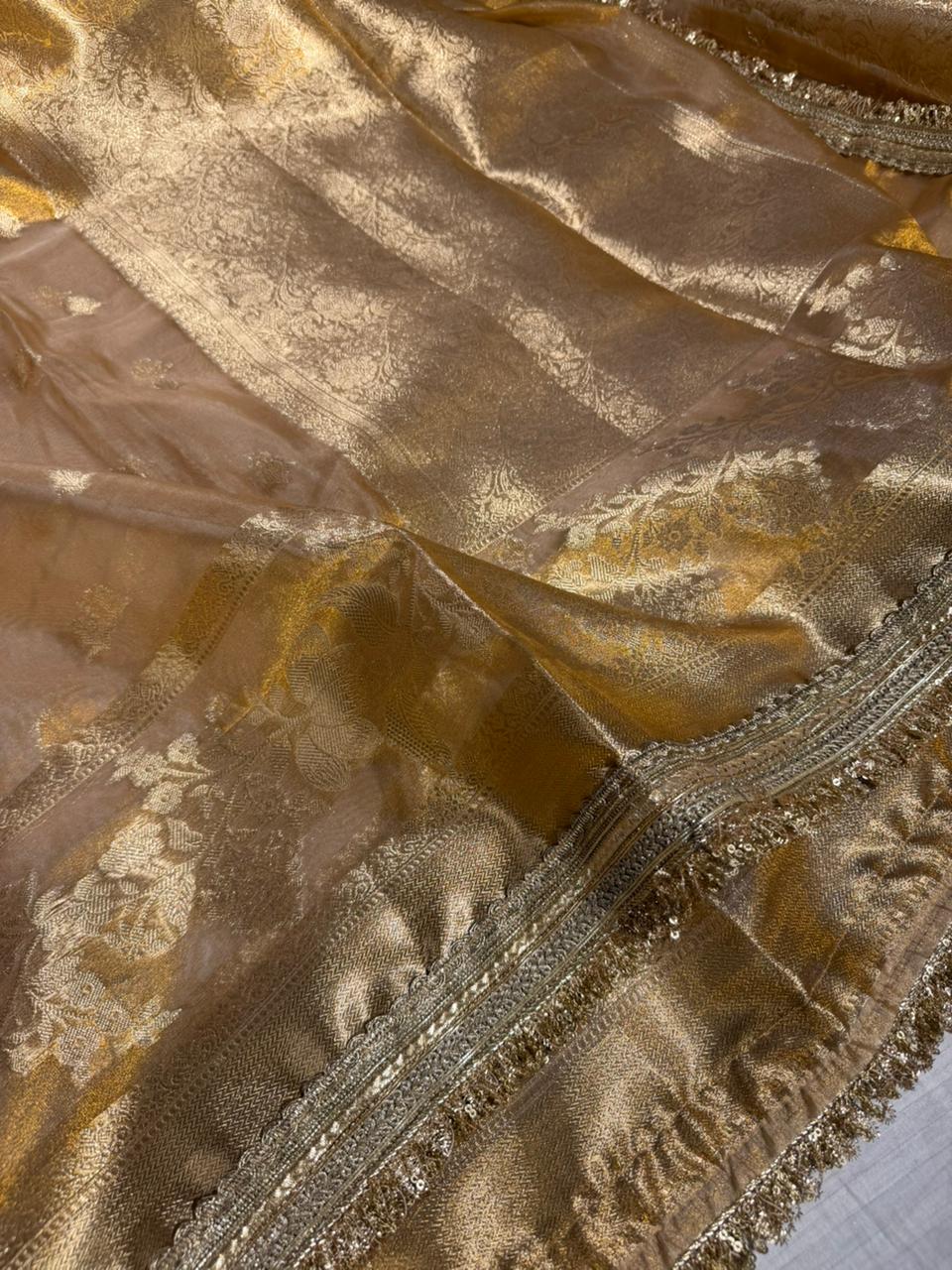 Eccentric Copper Tissue Silk Designer Lace Work Banarasi Saree