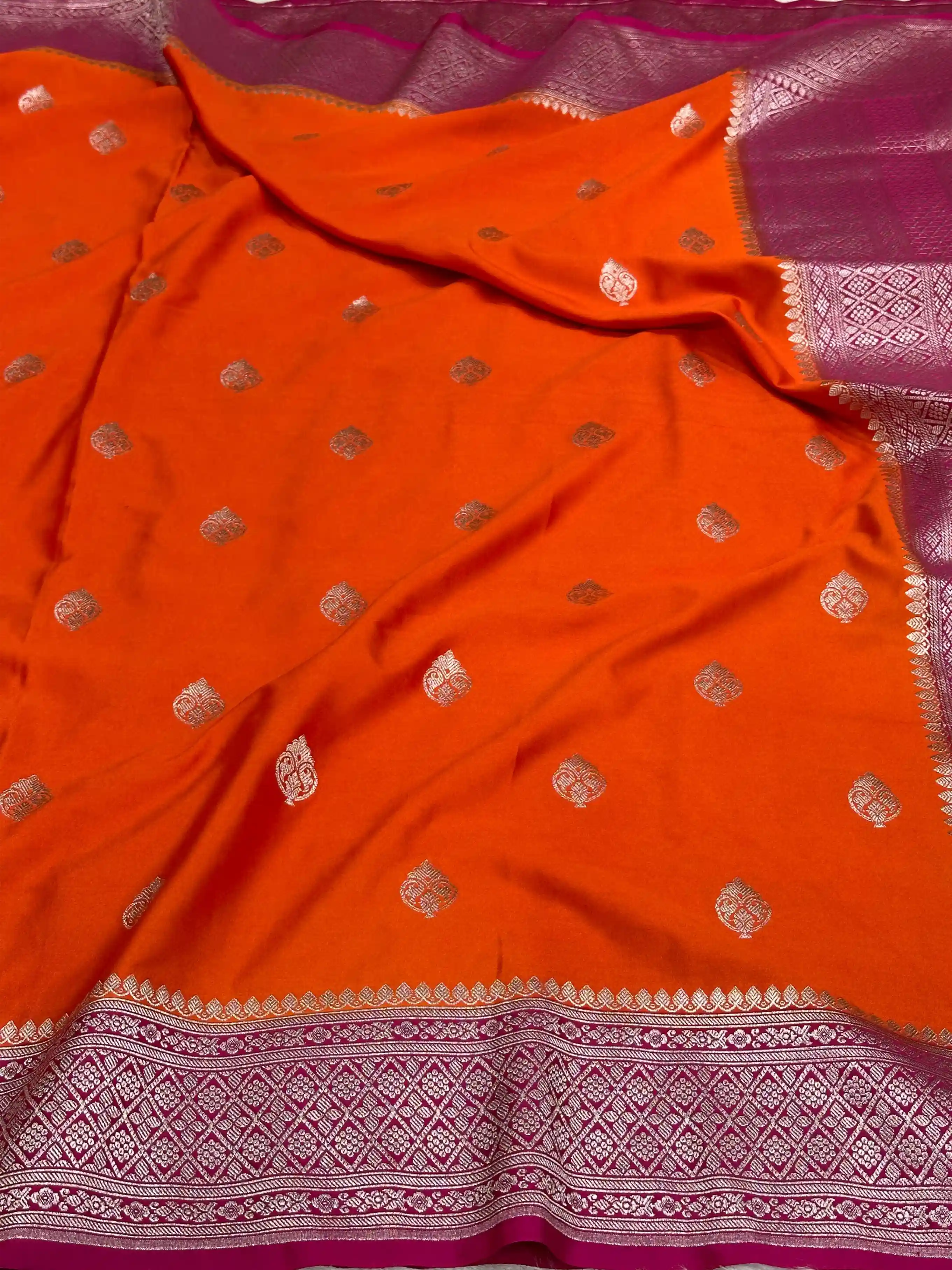 Eccentric Orange Shade Mashru Katan Silk Traditional Banarasi Saree with Contrast Rani Shade