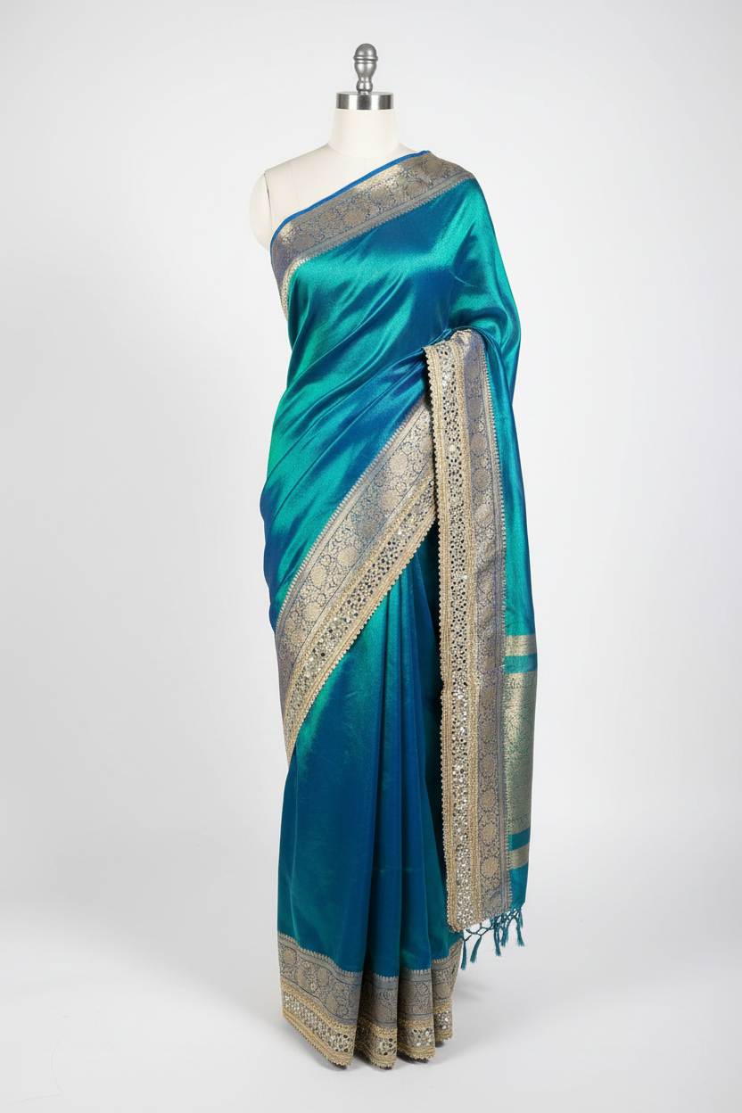 Eccentric Peacock Tissue Silk Mirror Work Banarasi Saree