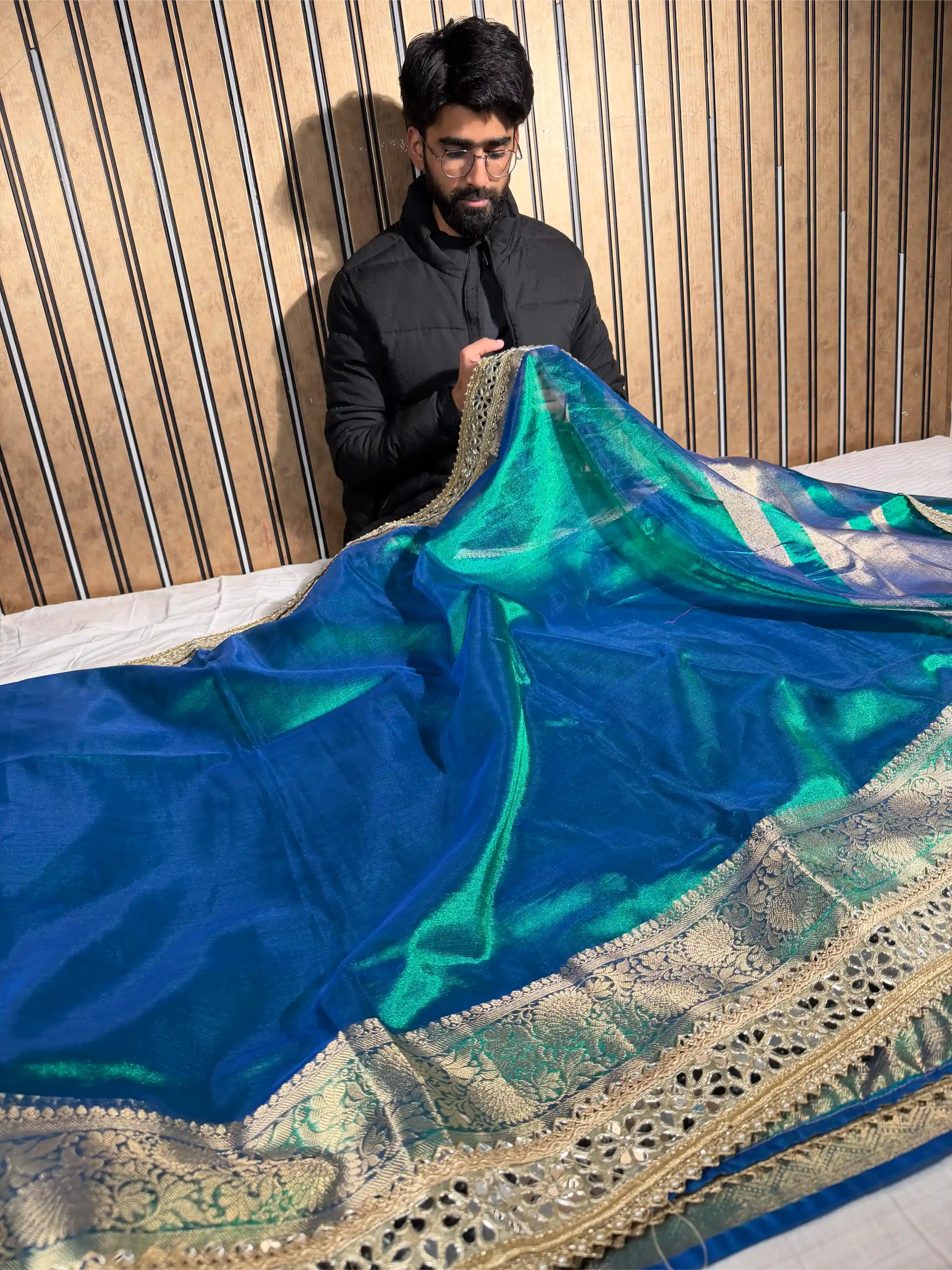 Eccentric Peacock Tissue Silk Mirror Work Banarasi Saree