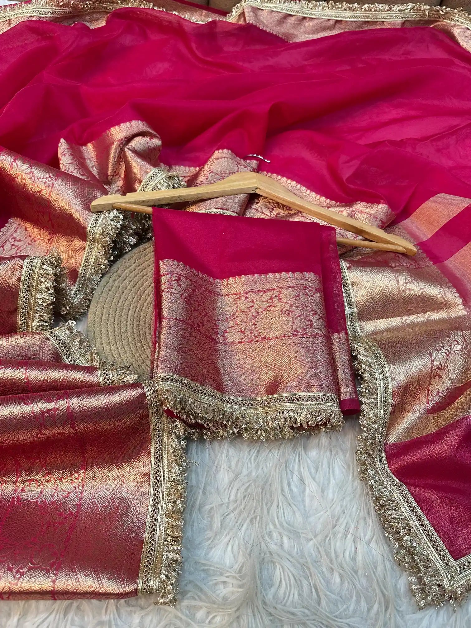 Eccentric Rani Pink Shade Kora Organza Banarasi Saree with Designer Exclusive Lace Work