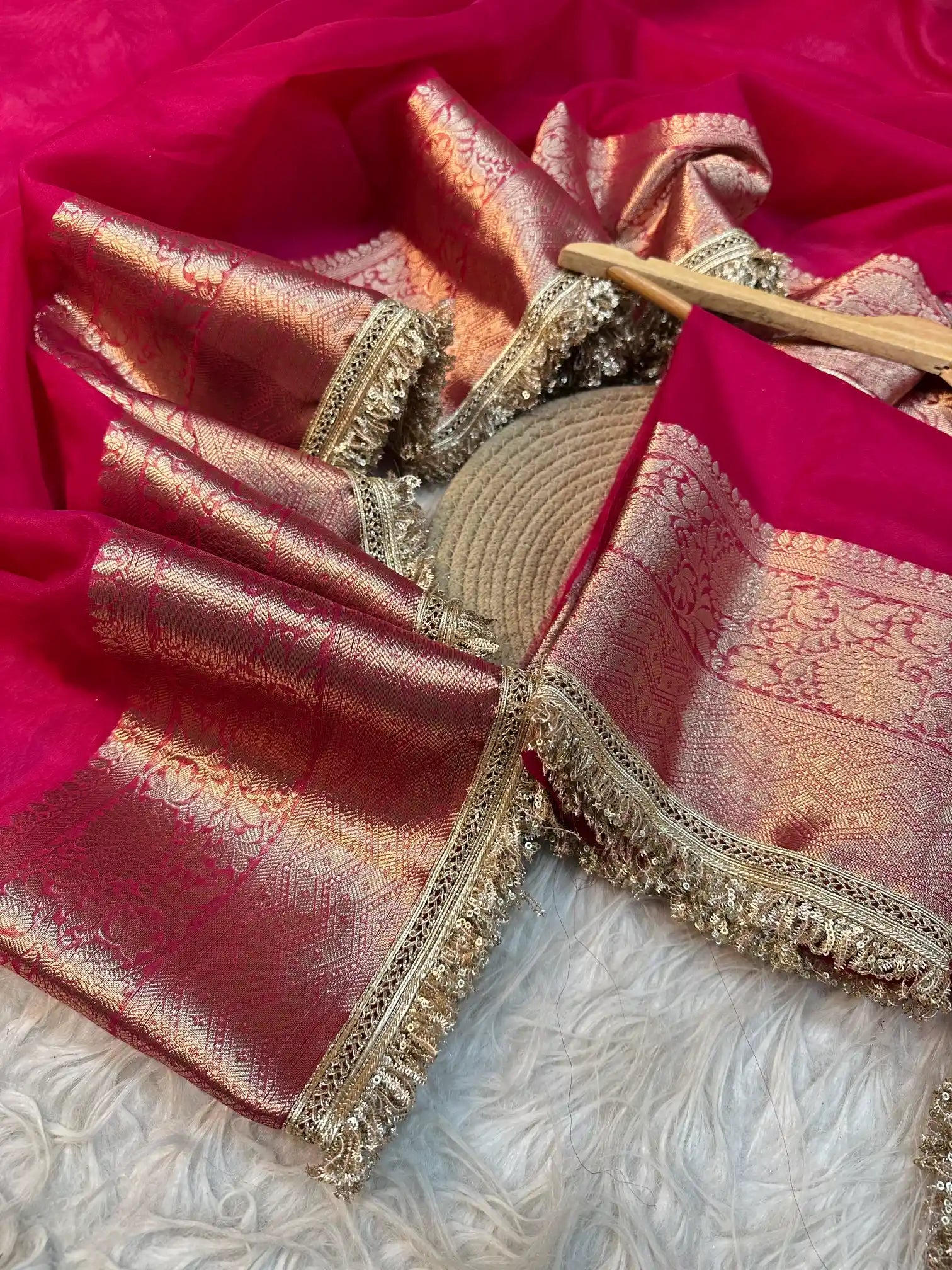 Eccentric Rani Pink Shade Kora Organza Banarasi Saree with Designer Exclusive Lace Work