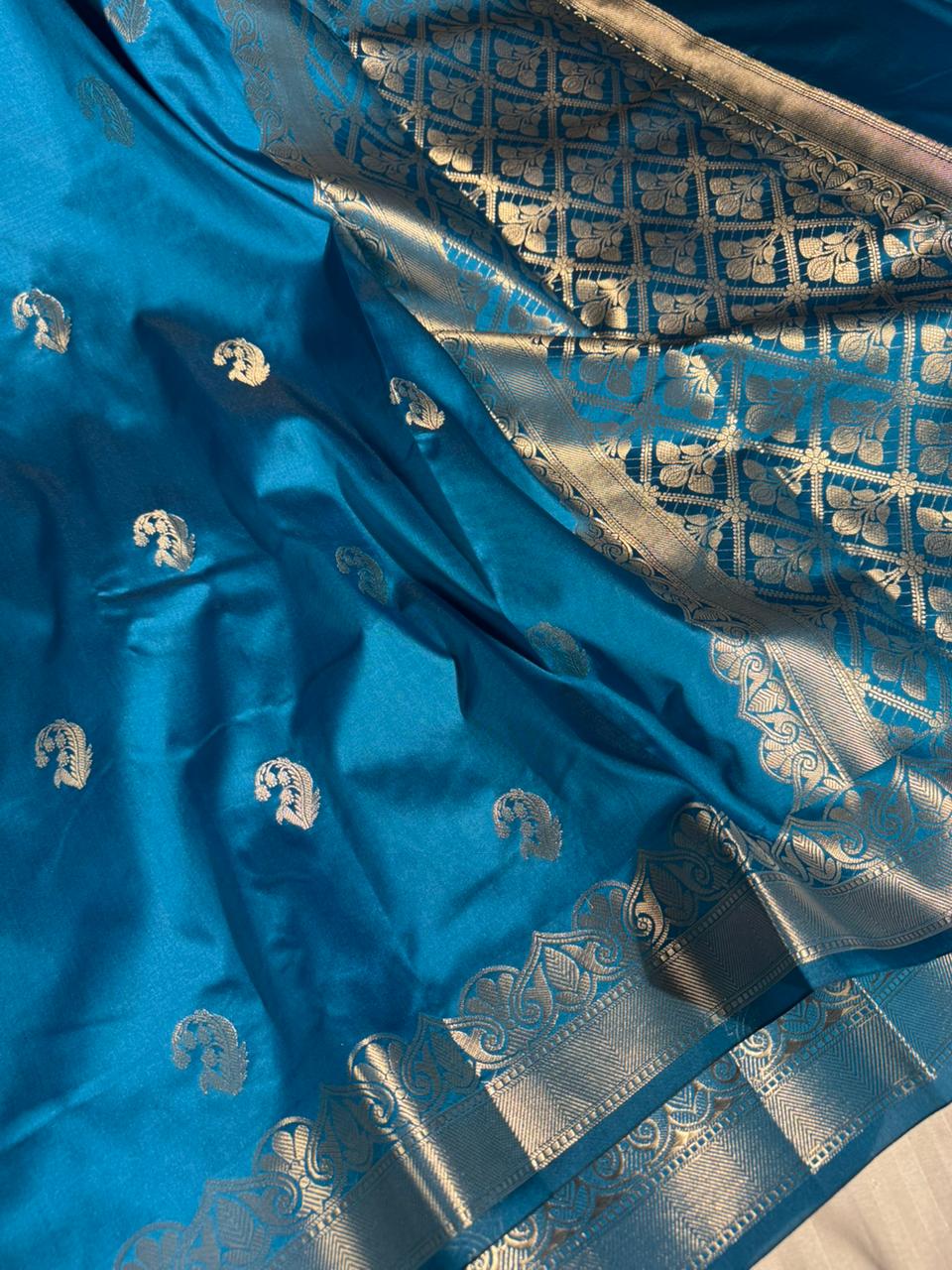 Emerald Blue Banarasi Semi Katan Silk Saree with Rich Pallu and Blouse
