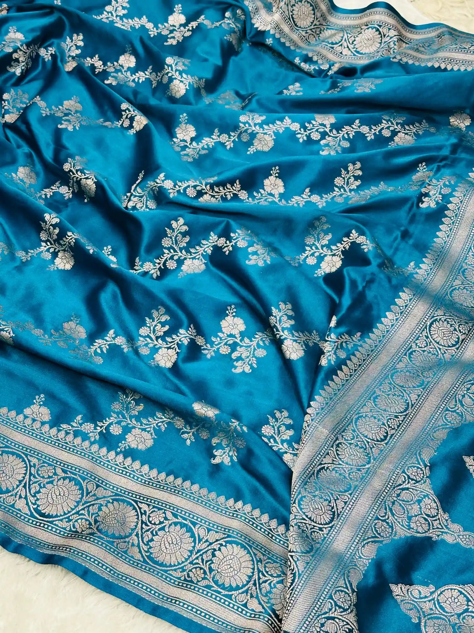 Emerald Blue Mashru Silk Intricate Floral Banarasi Saree