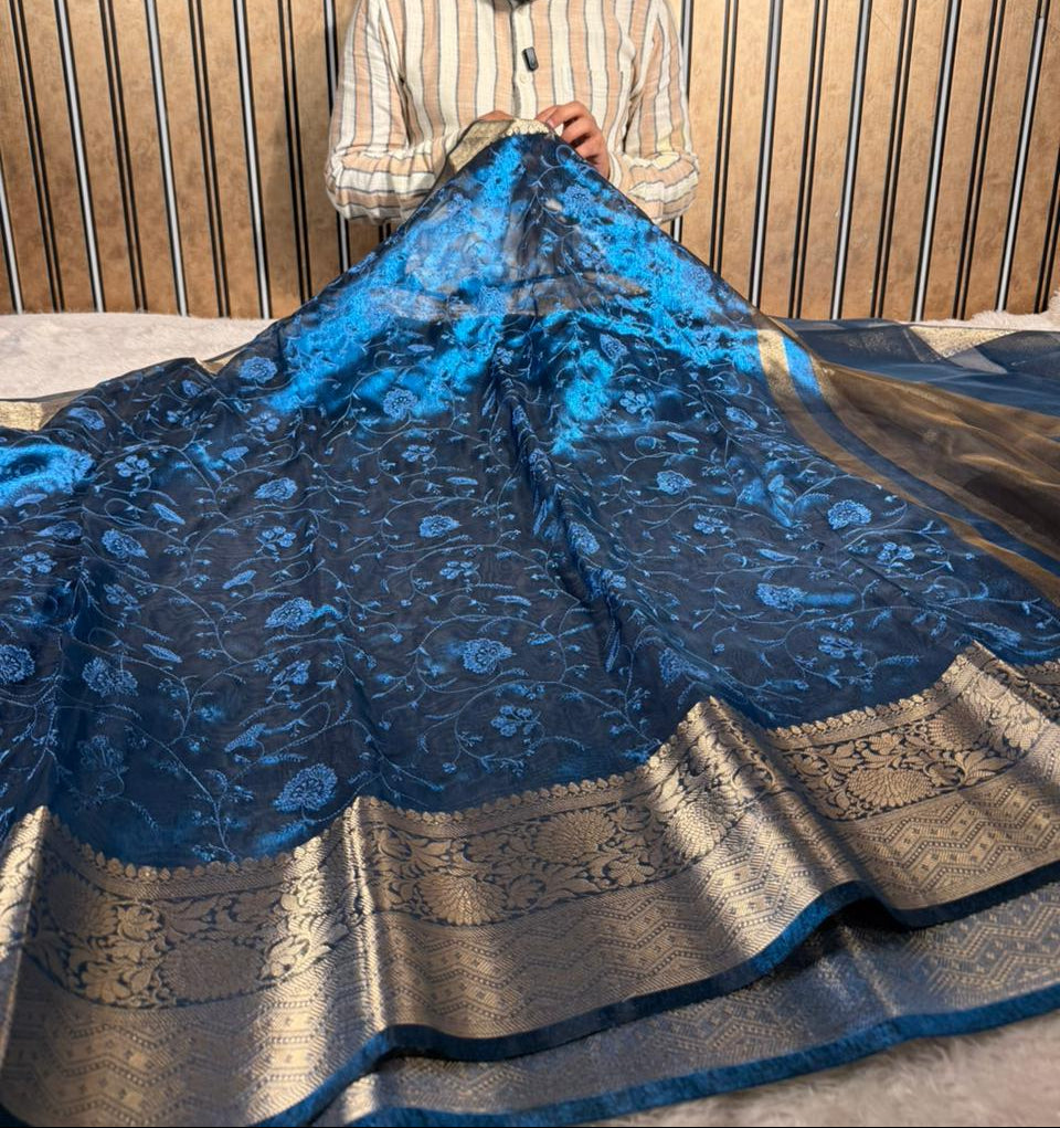 Emerald Blue Soft Tissue Silk Chikankari Embroidered Banarasi Saree