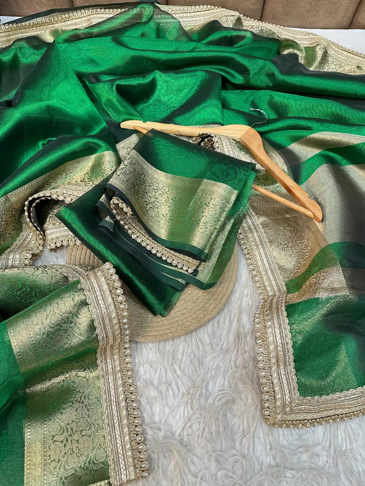 Emerald Green Tissue Silk Moti Lace Work Banarasi Saree