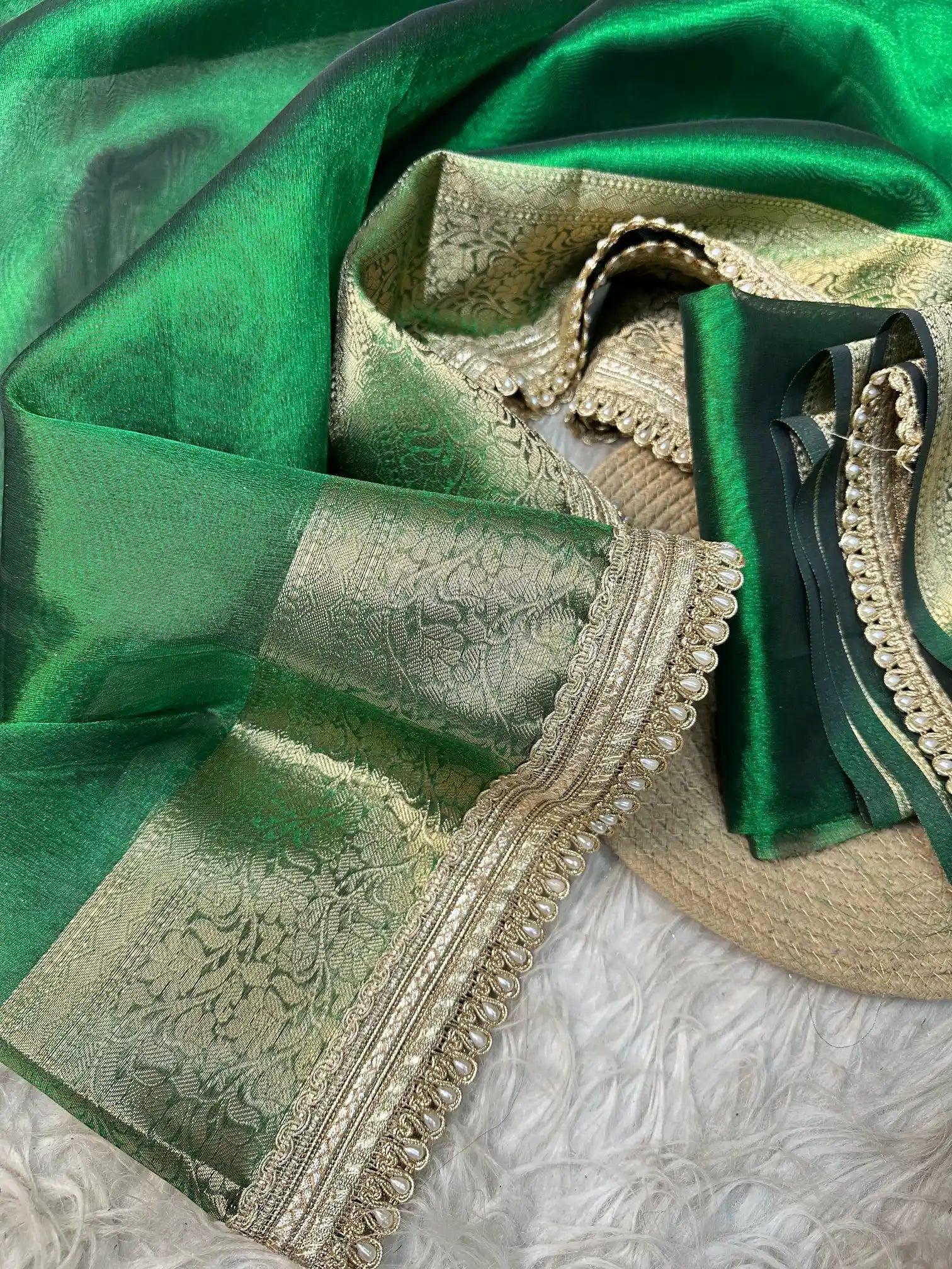 Emerald Green Tissue Silk Moti Lace Work Banarasi Saree