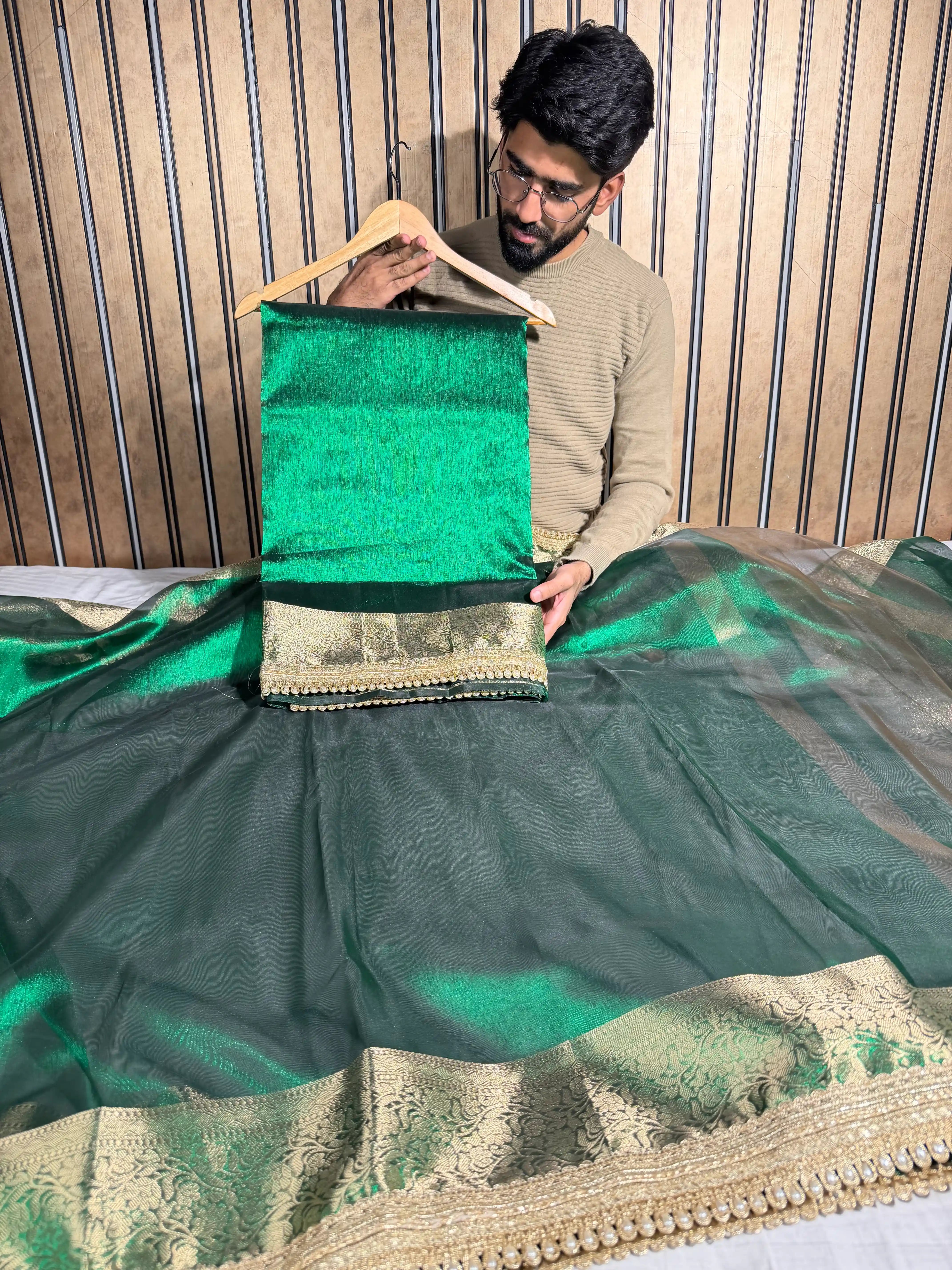 Emerald Green Tissue Silk Moti Lace Work Banarasi Saree