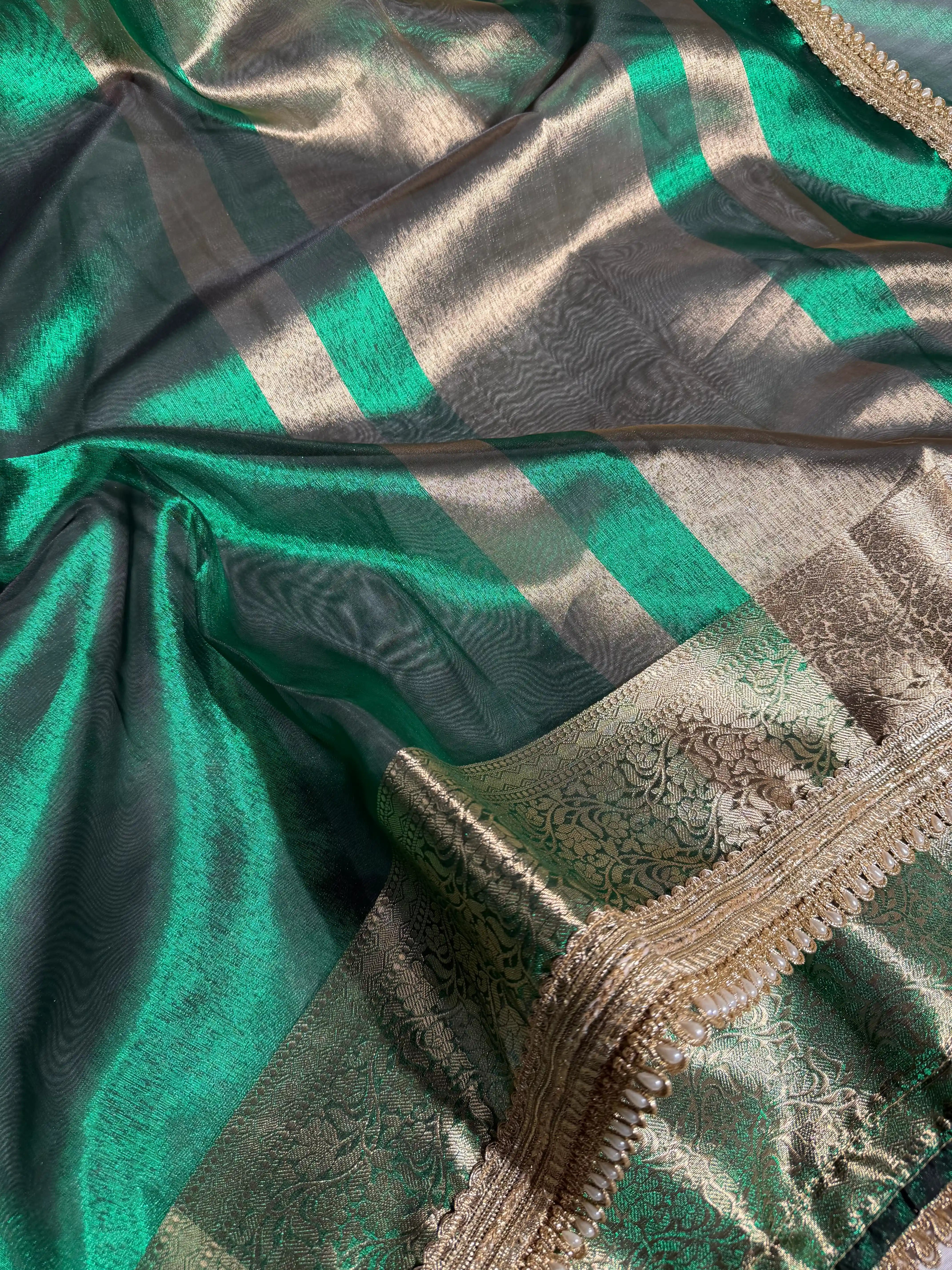 Emerald Green Tissue Silk Moti Lace Work Banarasi Saree