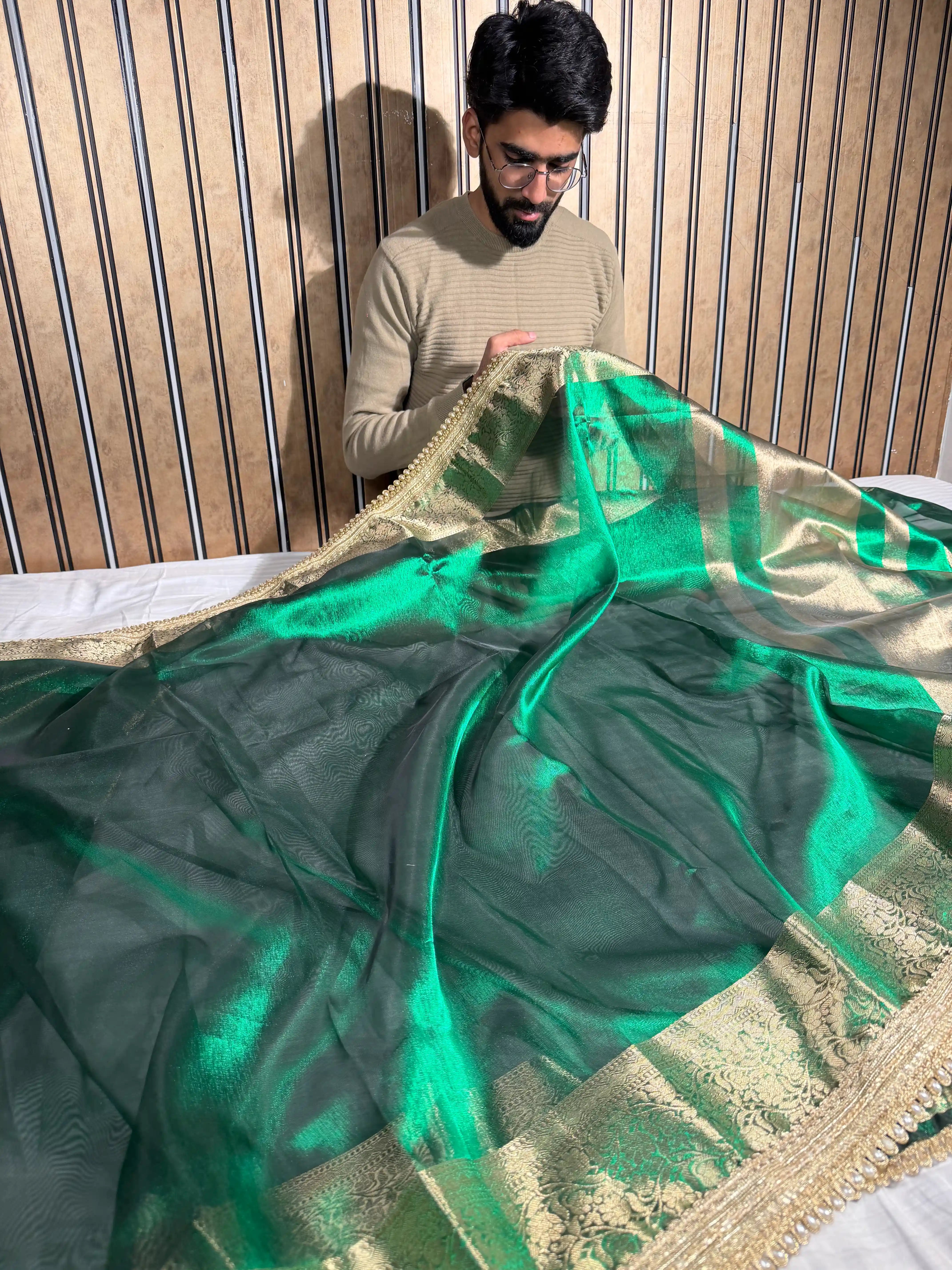 Emerald Green Tissue Silk Moti Lace Work Banarasi Saree