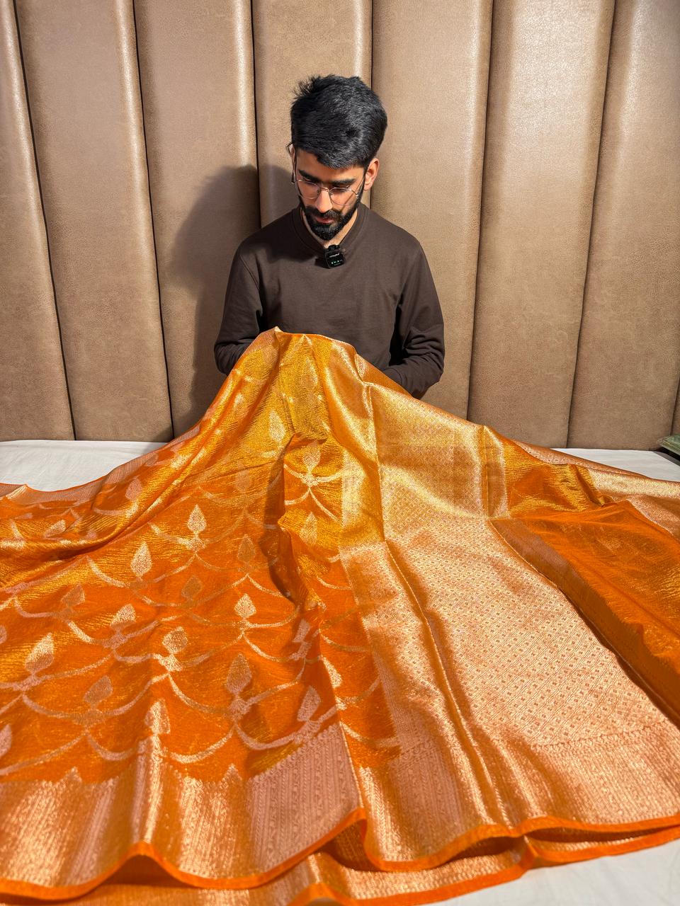 Eye Catching Light Orange Crushed Tissue Silk Banarasi Saree