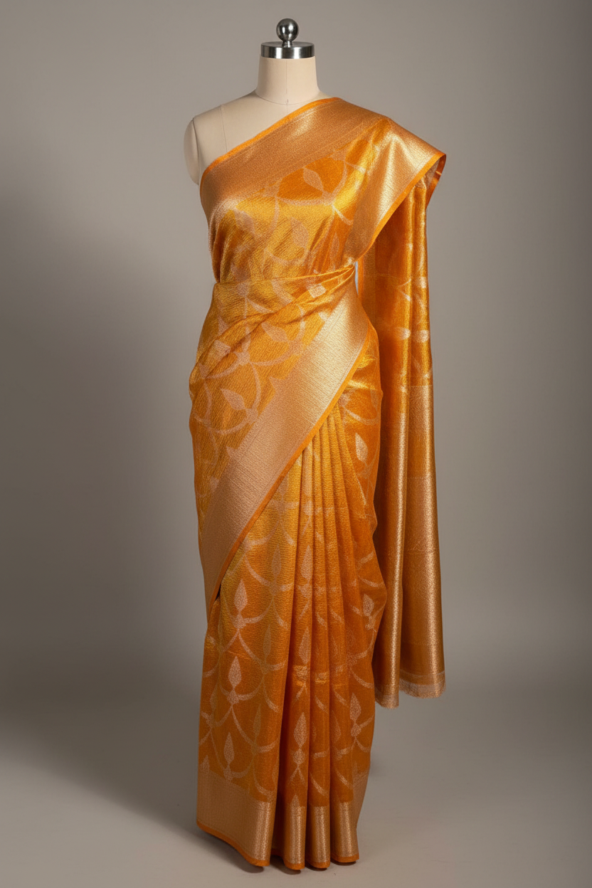 Eye Catching Light Orange Crushed Tissue Silk Banarasi Saree