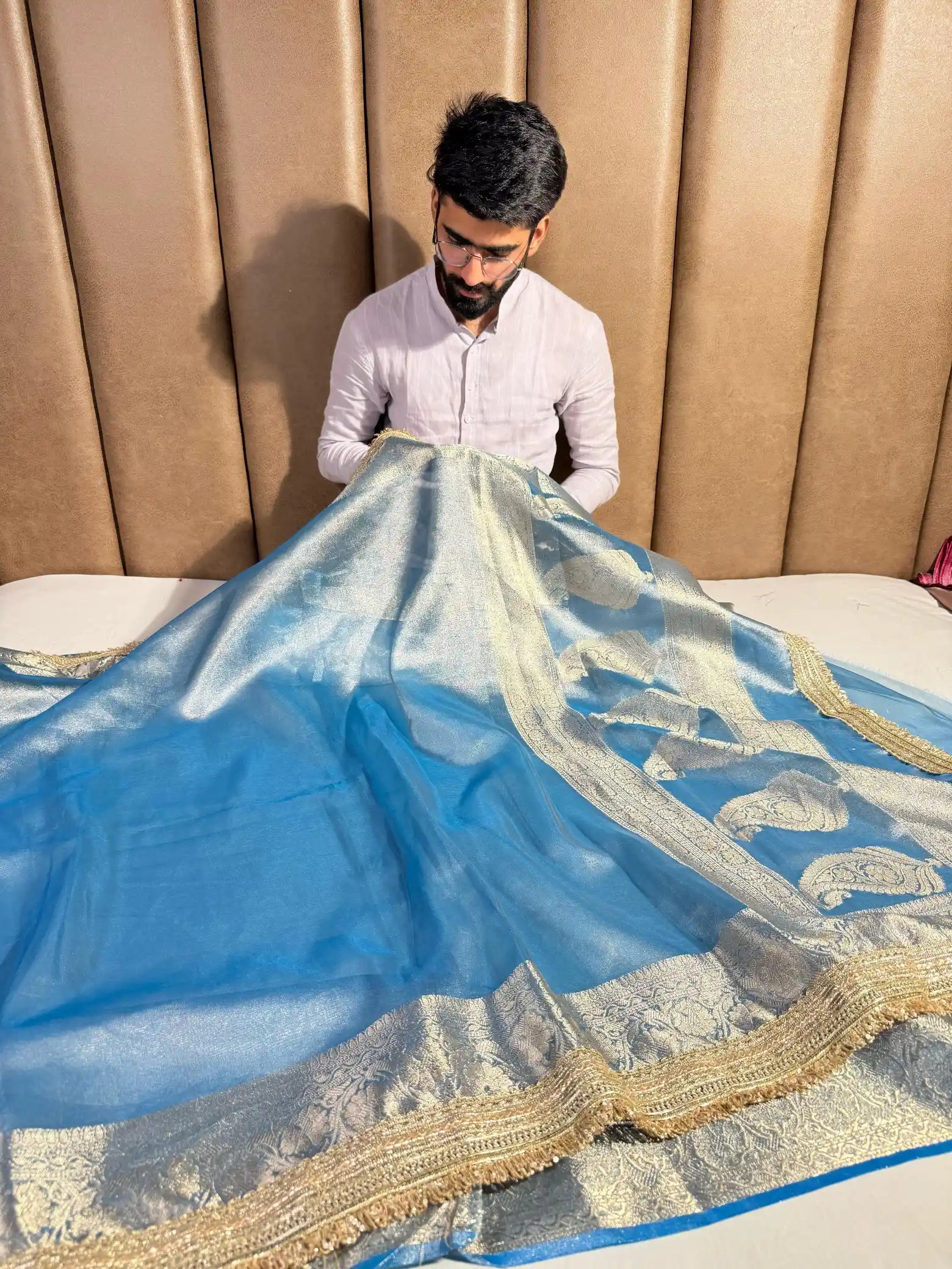 Eye Catching Sea Blue Tissue Silk Lace Work Banarasi Saree