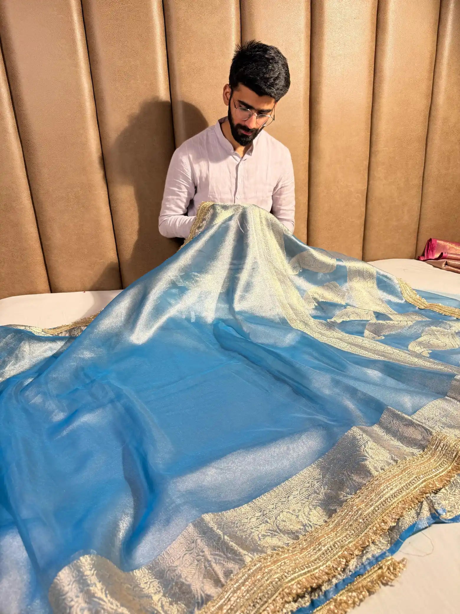 Eye Catching Sea Blue Tissue Silk Lace Work Banarasi Saree