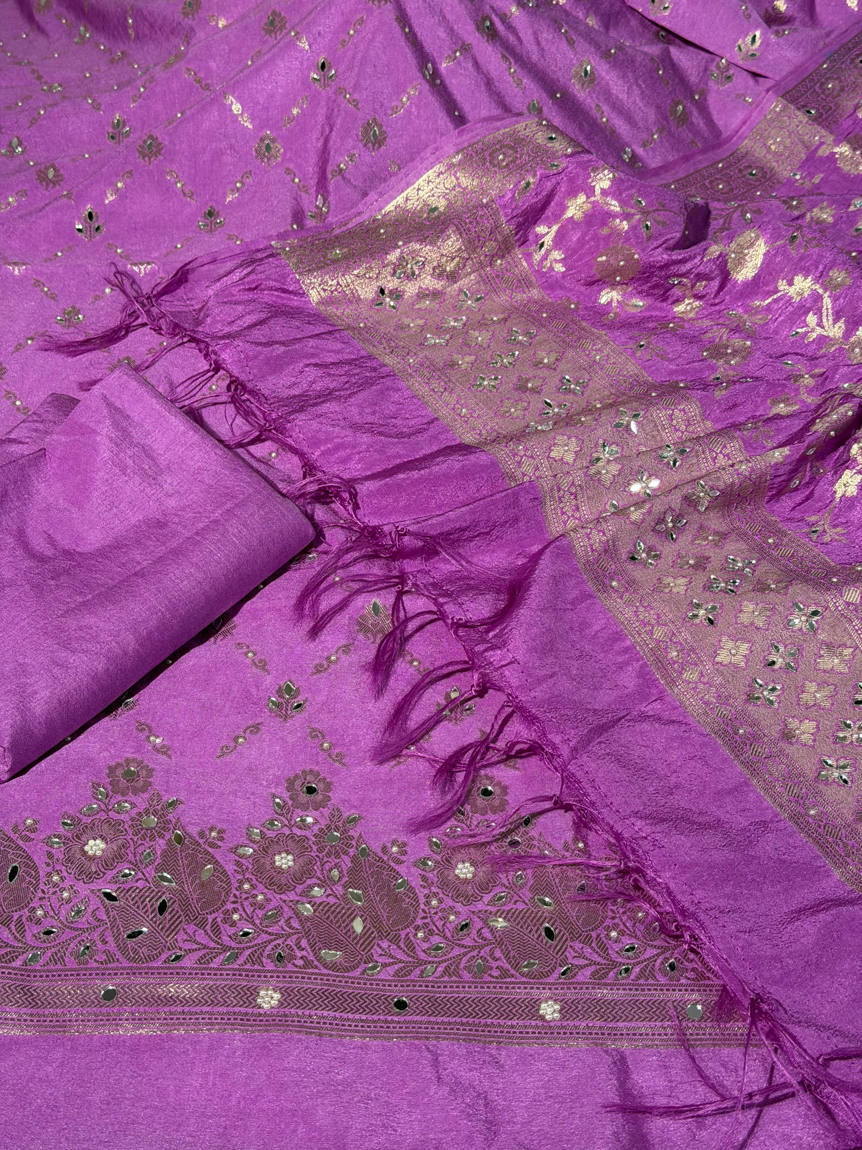 Pretty Lavender Chinia Silk Banarasi Mirror Work Suit