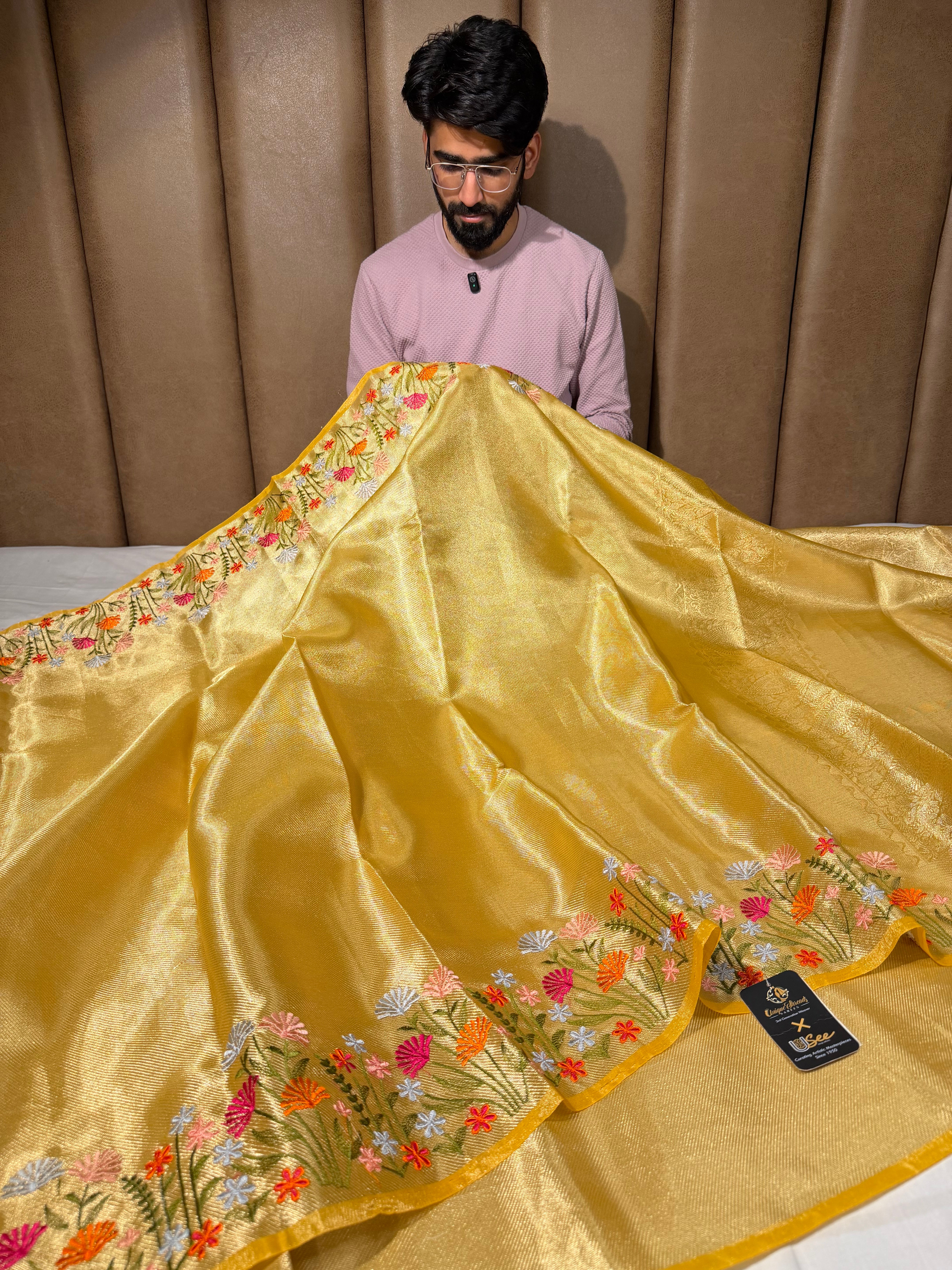 Bright Yellow Kanjivaram Brocade Tissue Silk Multicoloured Floral Embroidery Saree