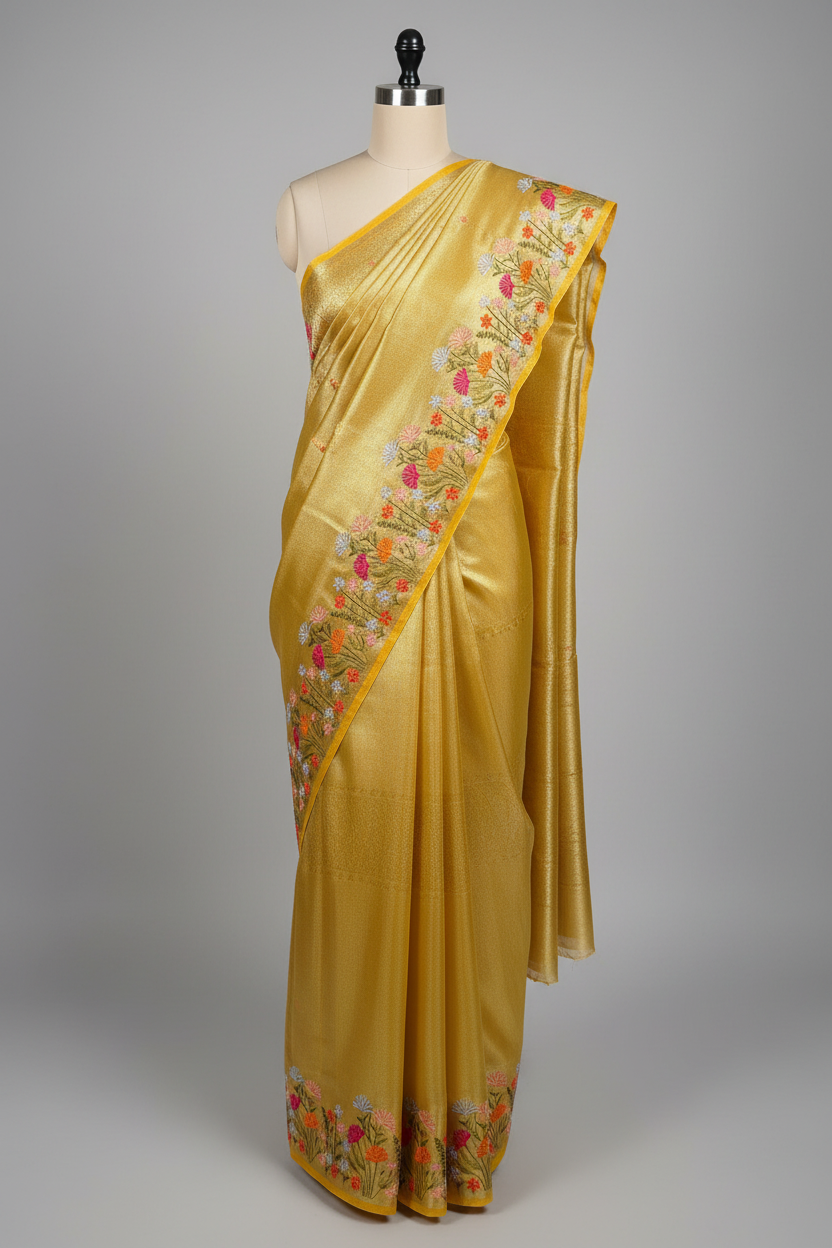Bright Yellow Kanjivaram Brocade Tissue Silk Multicoloured Floral Embroidery Saree