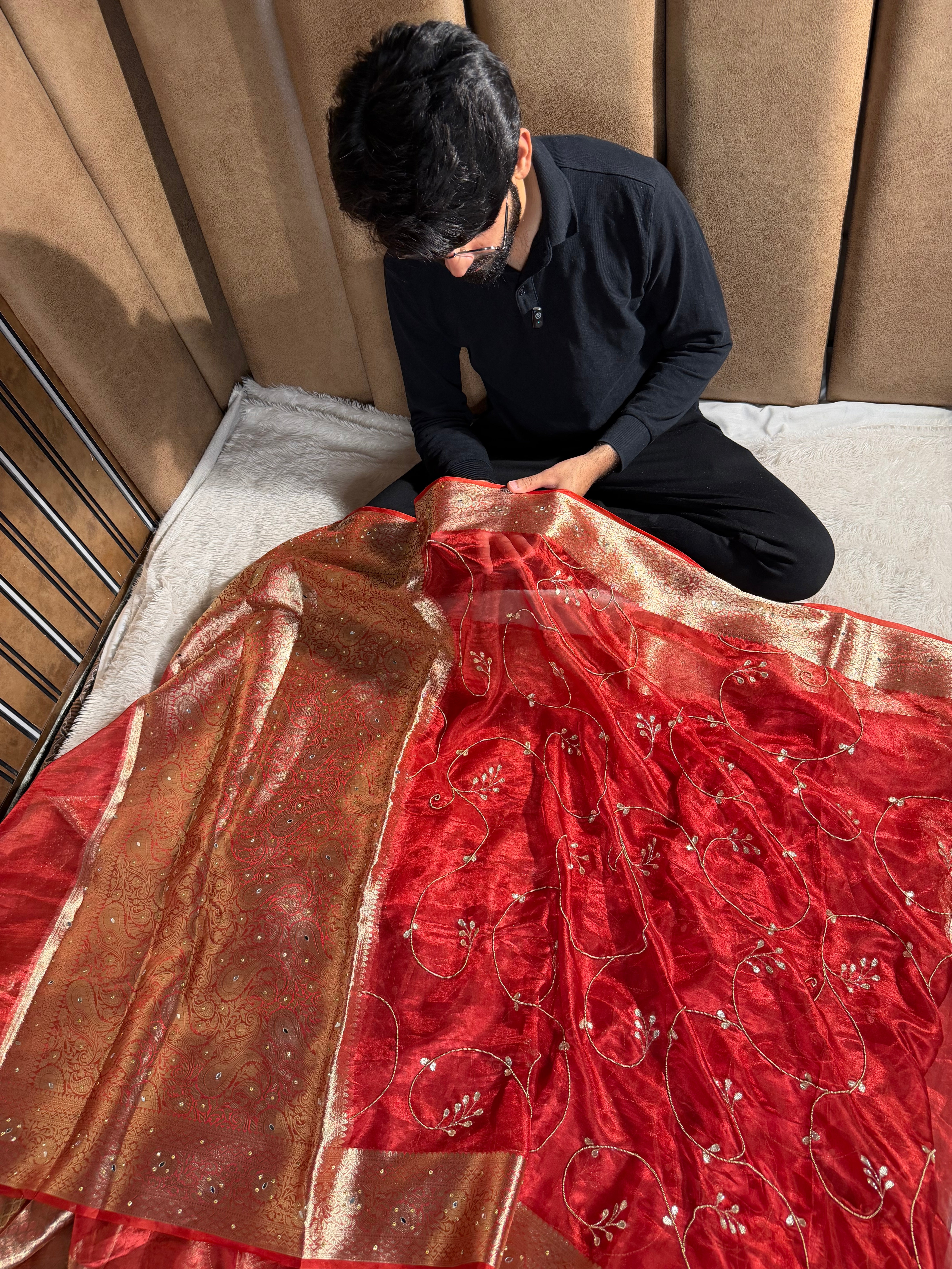 Carmine red pure tissue silk premium handwork saree