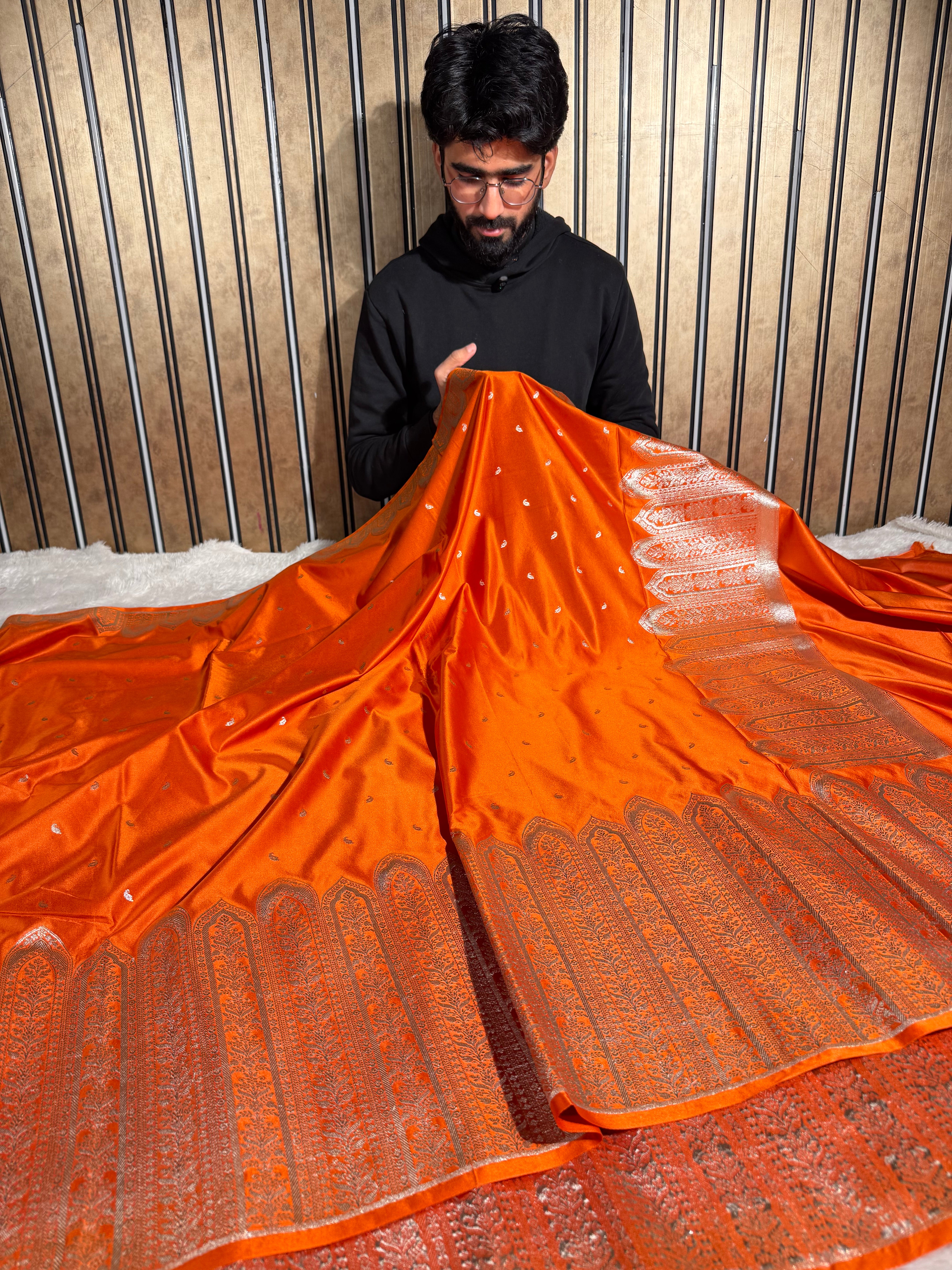 Bright Orange Mashru Katan Silk Heritage Weave Banarasi Saree