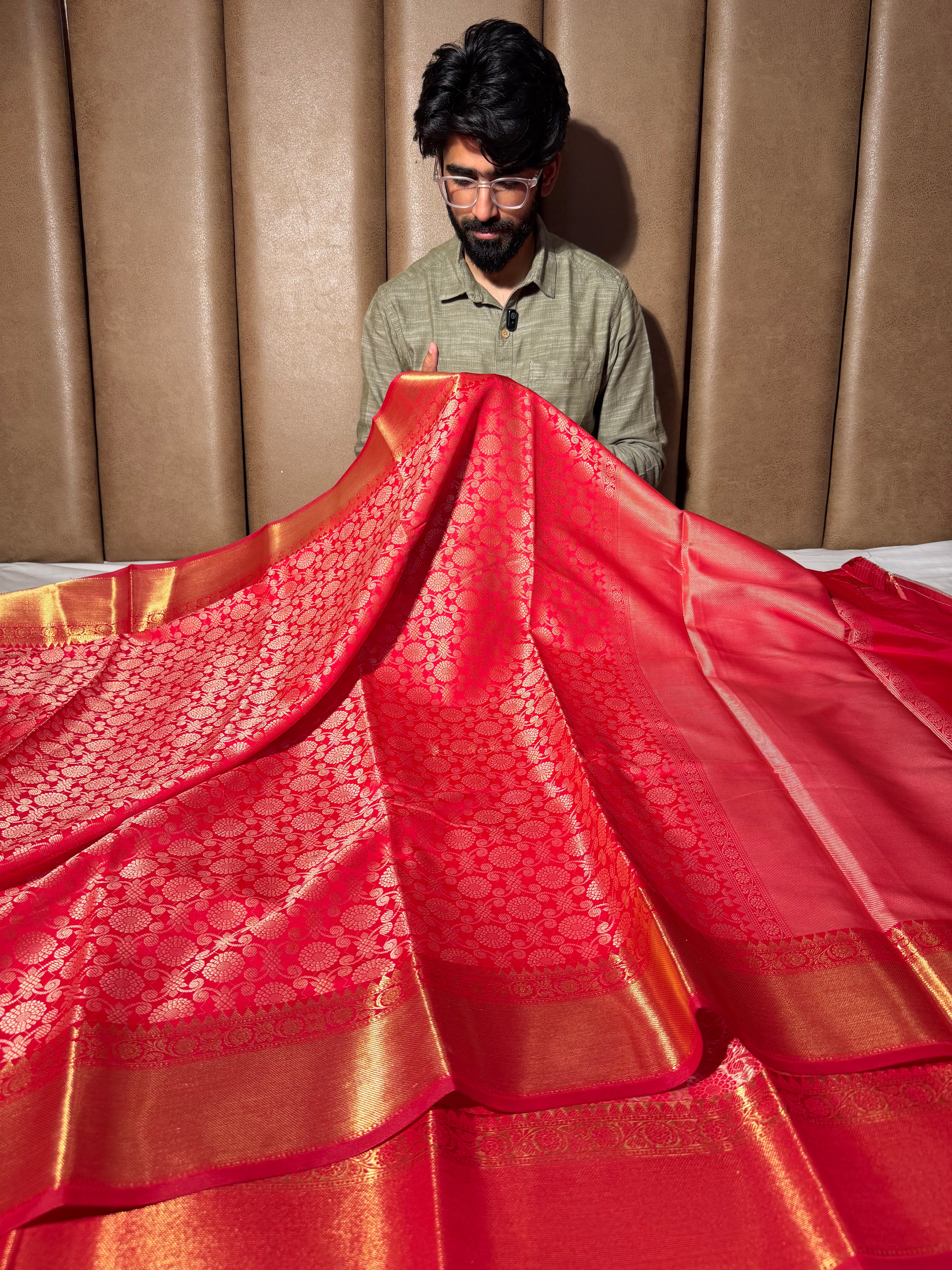 Bright Red Embossed Softsilk Banarasi Saree