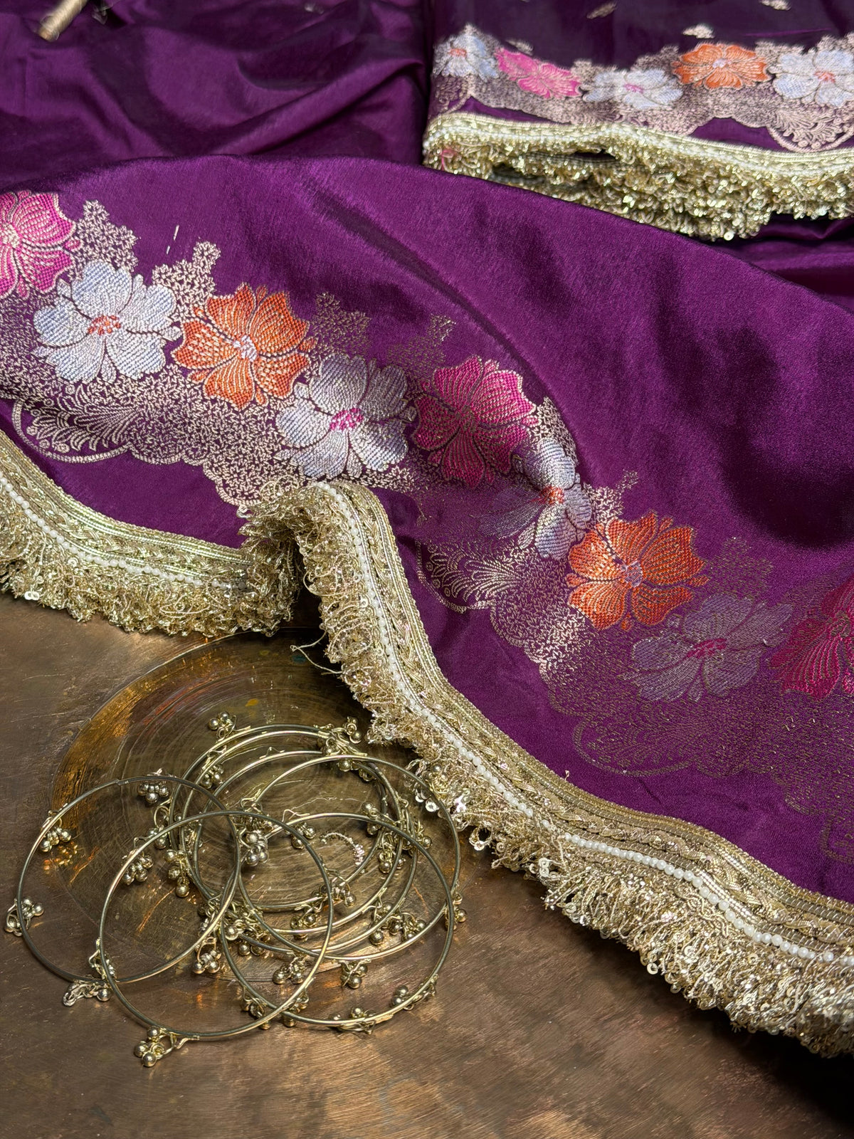 Bright Purple Warm Silk Contemporary Lace Work Saree