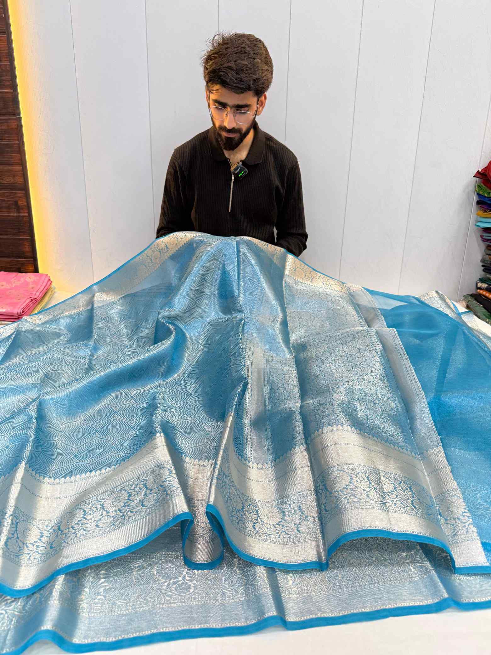 Firozi Blue Dual Shaded Glass Tissue Silk Banarasi Saree