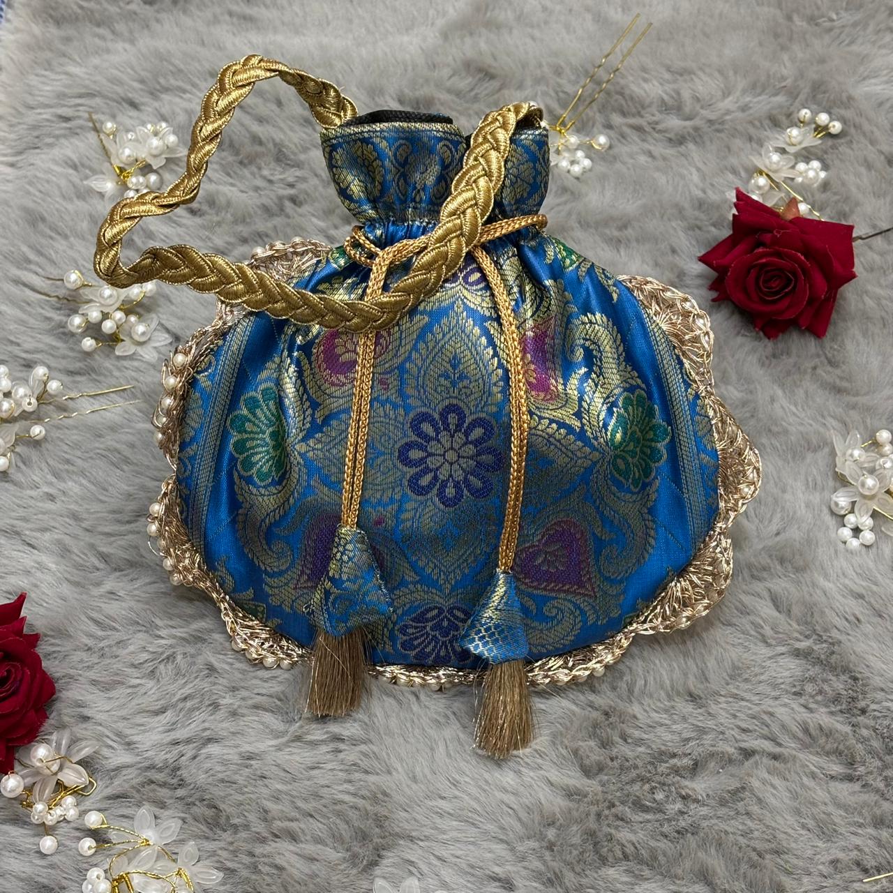 Firozi Blue Eccentric Lace Work Banarasi Potli Bags