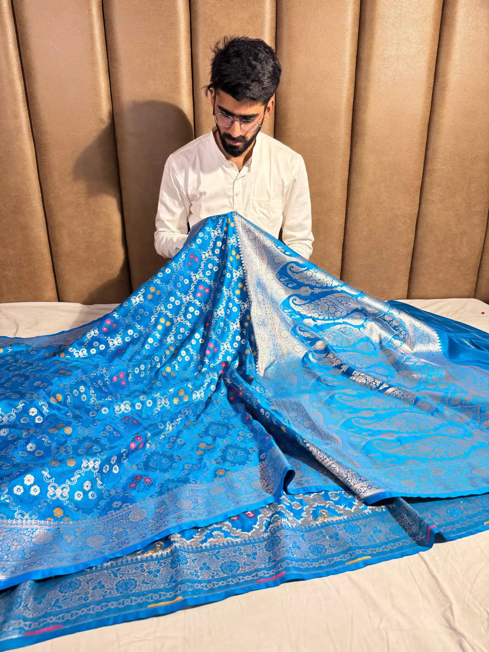 Firozi Blue Mashru Katan Silk Alfi Weave Banarasi Saree
