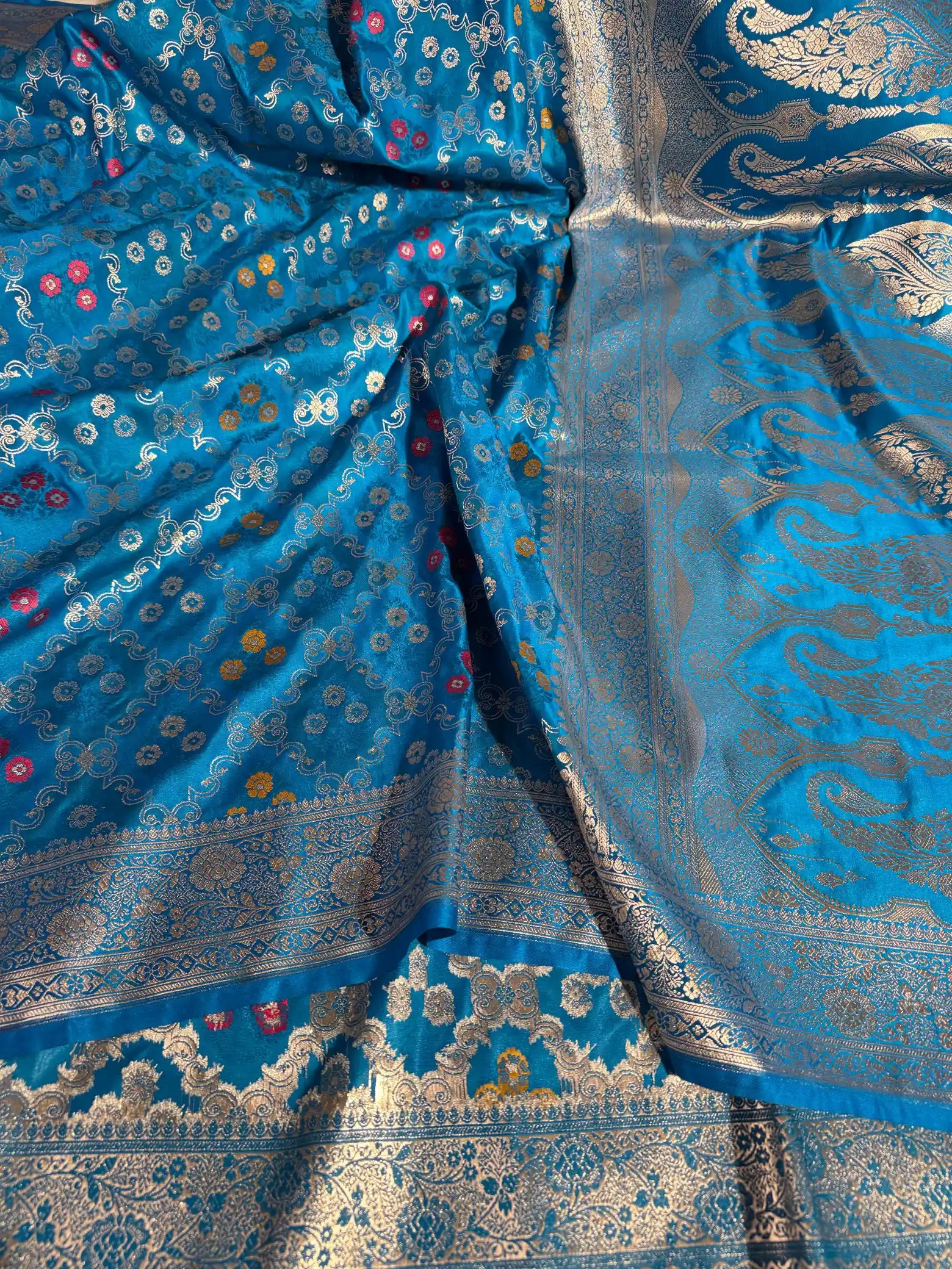 Firozi Blue Mashru Katan Silk Alfi Weave Banarasi Saree