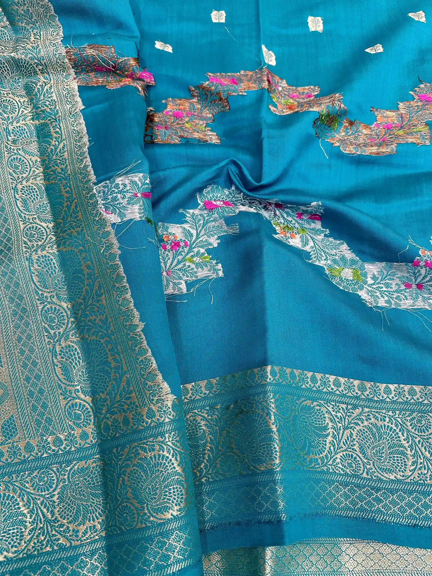 Firozi Blue Meenakari Leheriya Chiniya Silk Saree