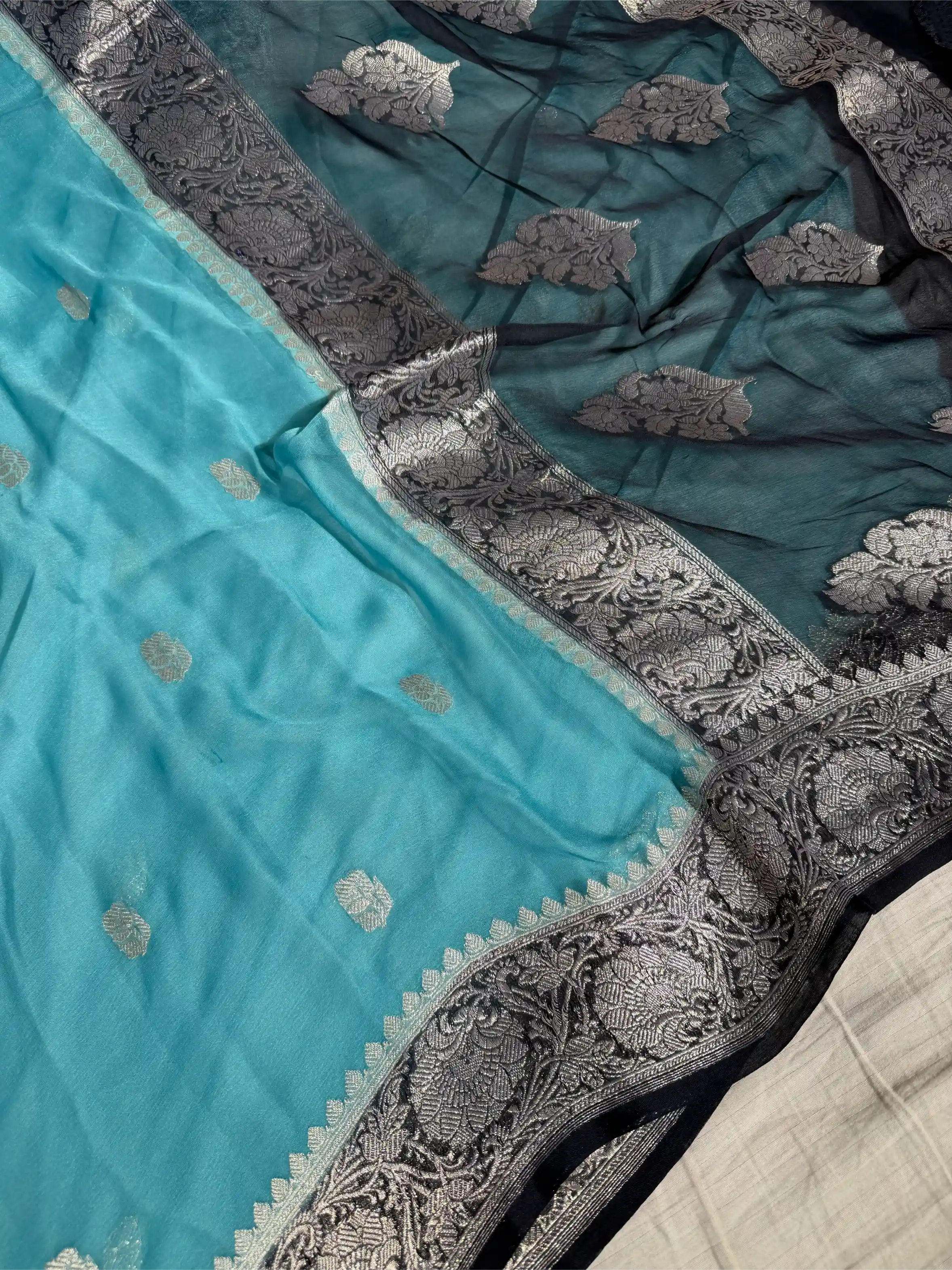 Firozi Blue Pure Khaddi Chiffon Silk Handwoven Banarasi Saree