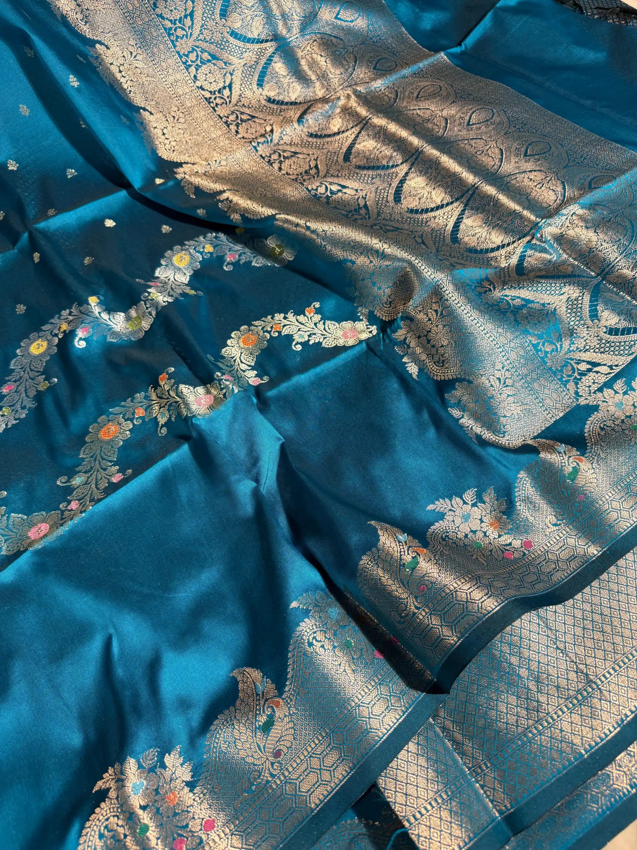 Firozi Blue Semi Katan Silk Floral Meenakari Banarasi Saree