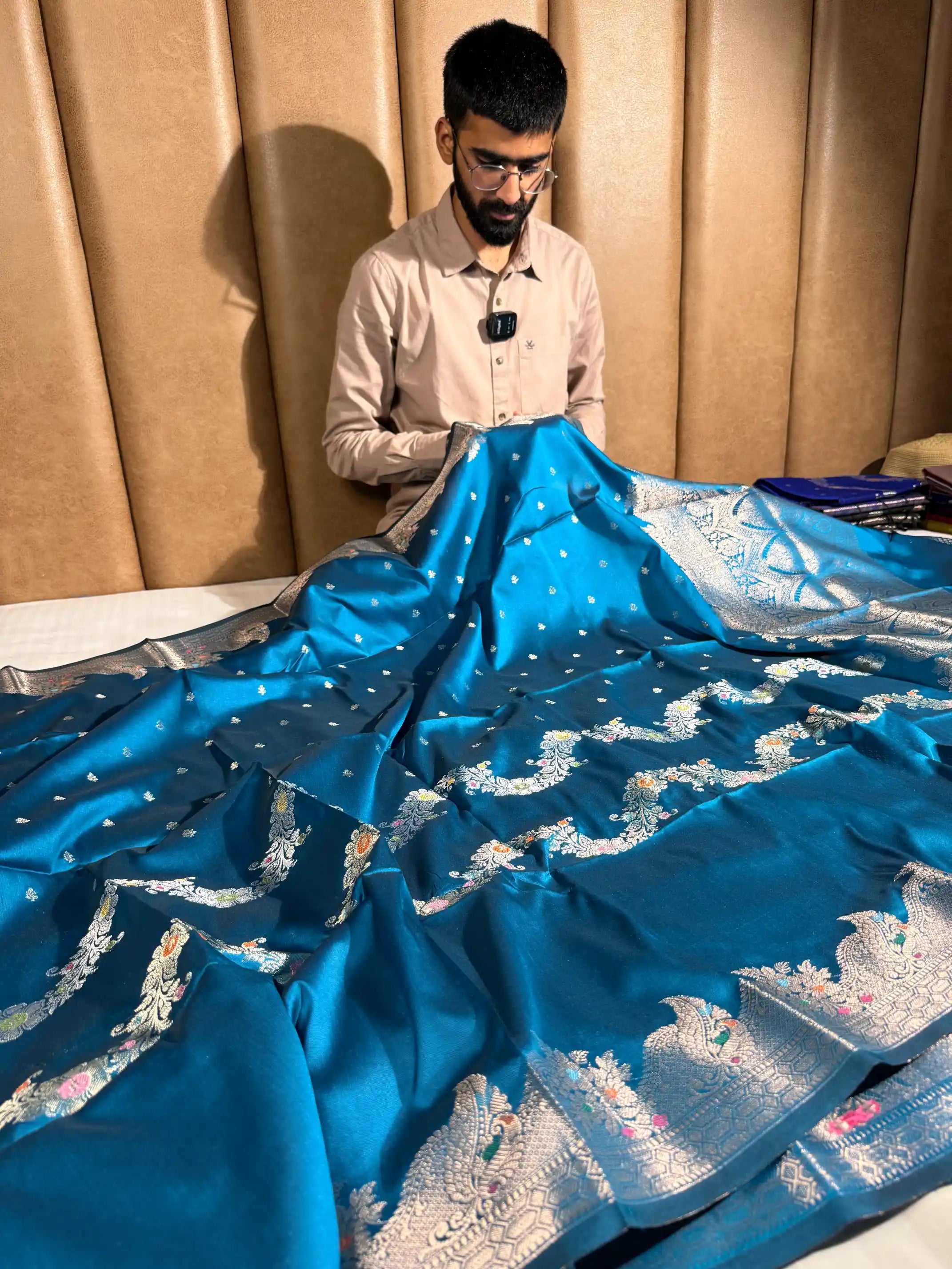 Firozi Blue Semi Katan Silk Floral Meenakari Banarasi Saree
