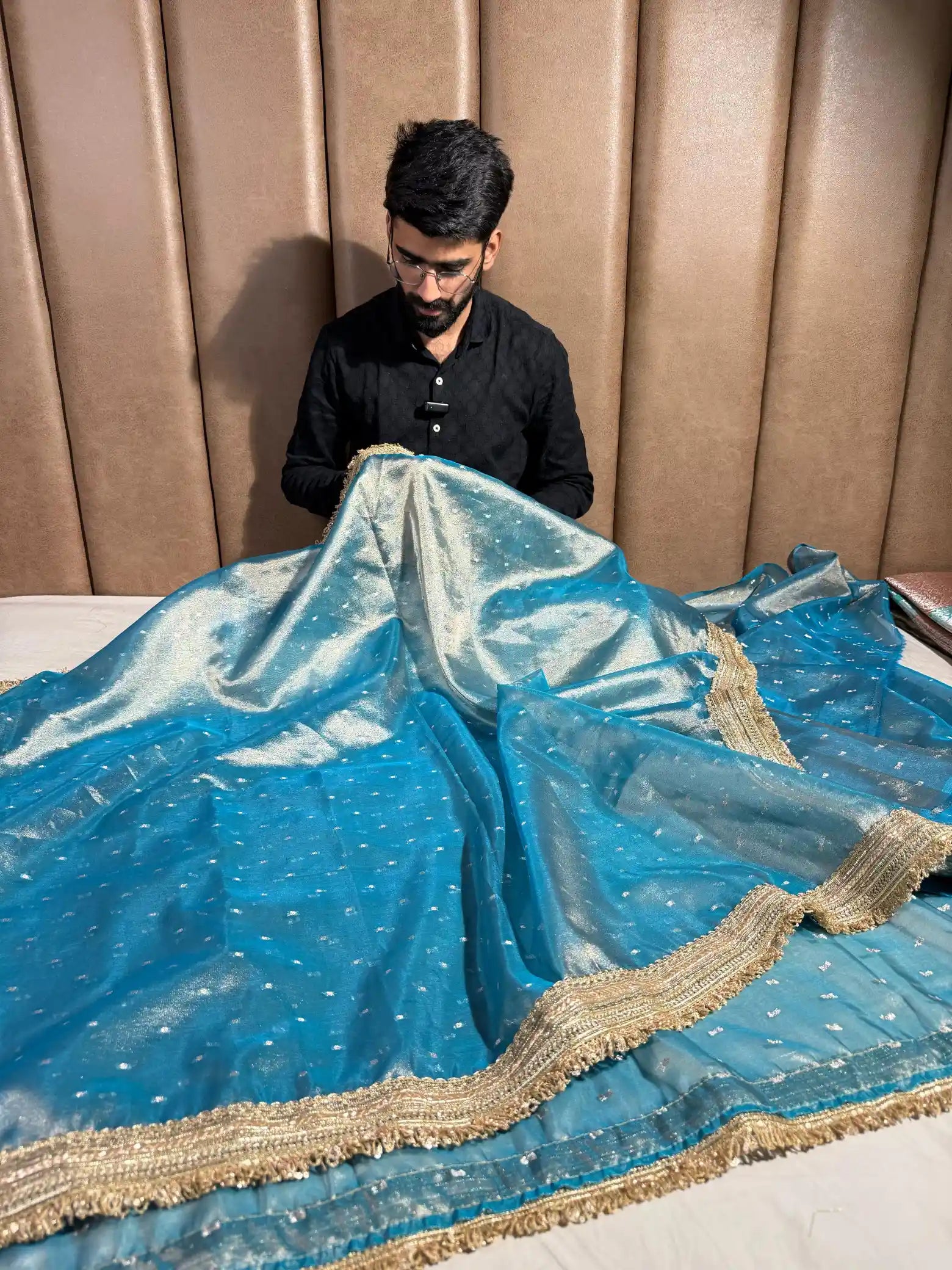 Firozi Blue Soft Tissue Silk Lace Attached Banarasi Saree
