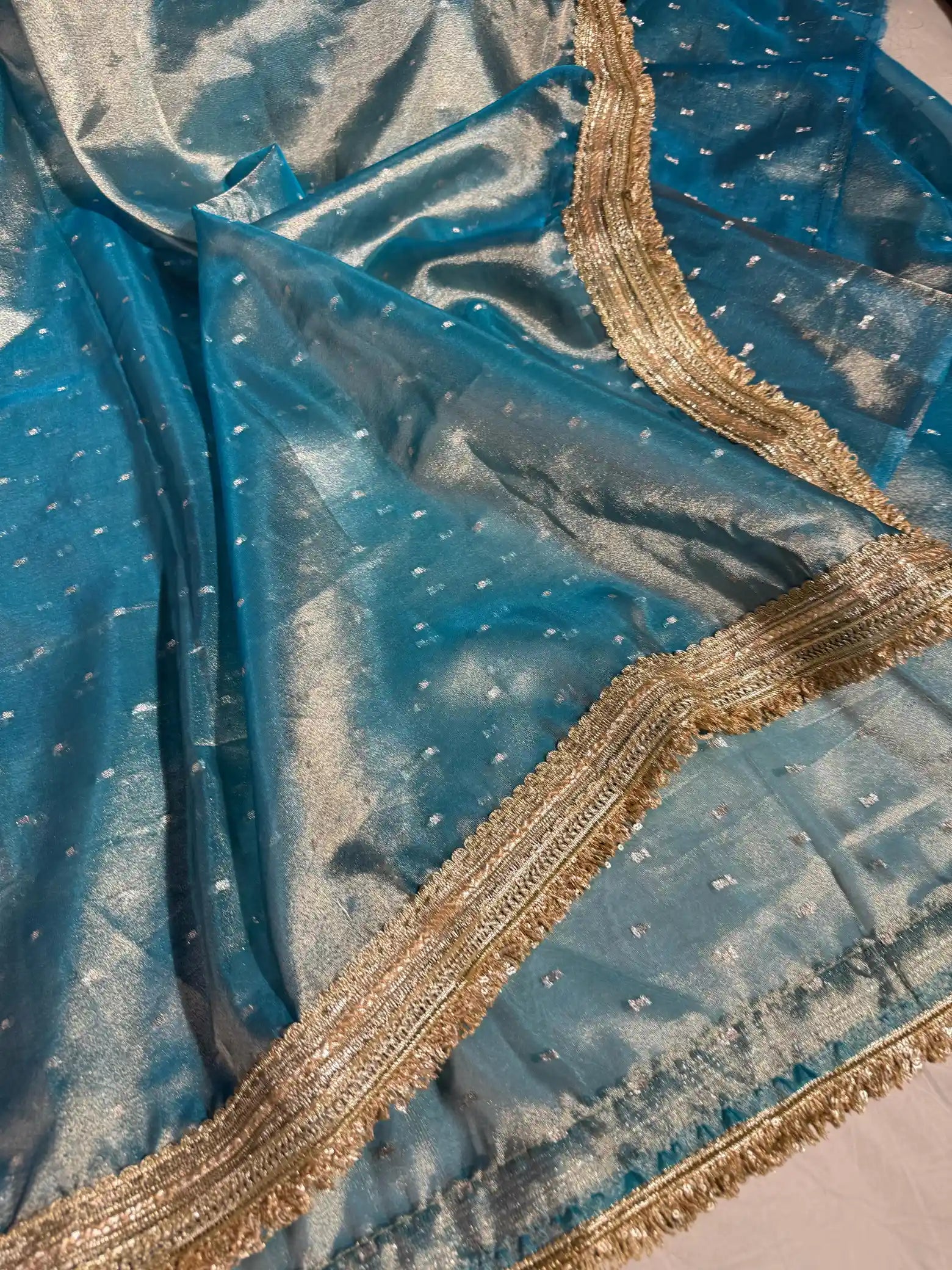 Firozi Blue Soft Tissue Silk Lace Attached Banarasi Saree