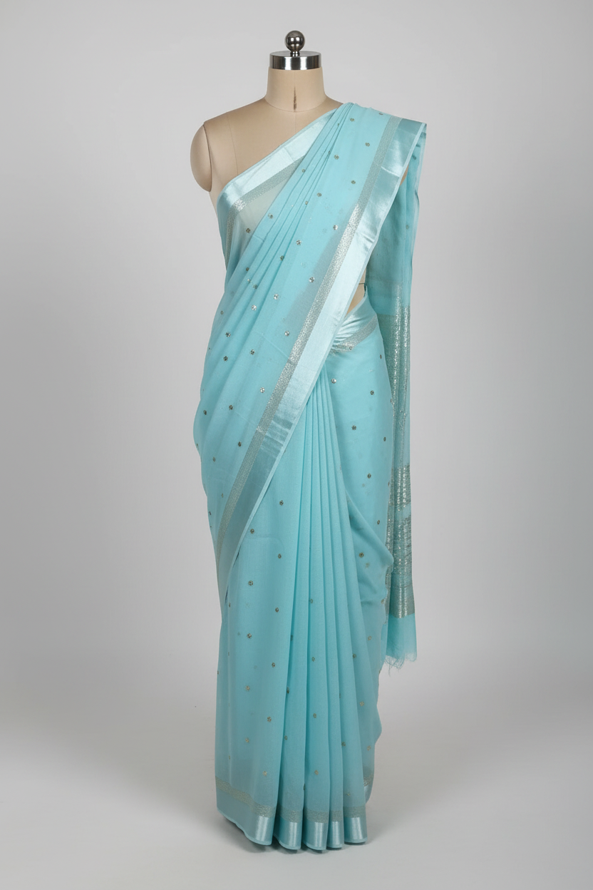 Firozi Blue Viscose Georgette Silk Embroidered Work Banarasi Saree