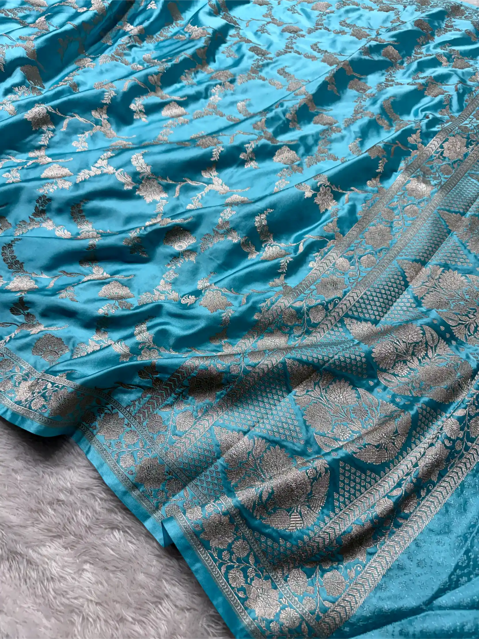 Firozi Mashru Katan Silk Heritage Jaal Weave Banarasi Saree
