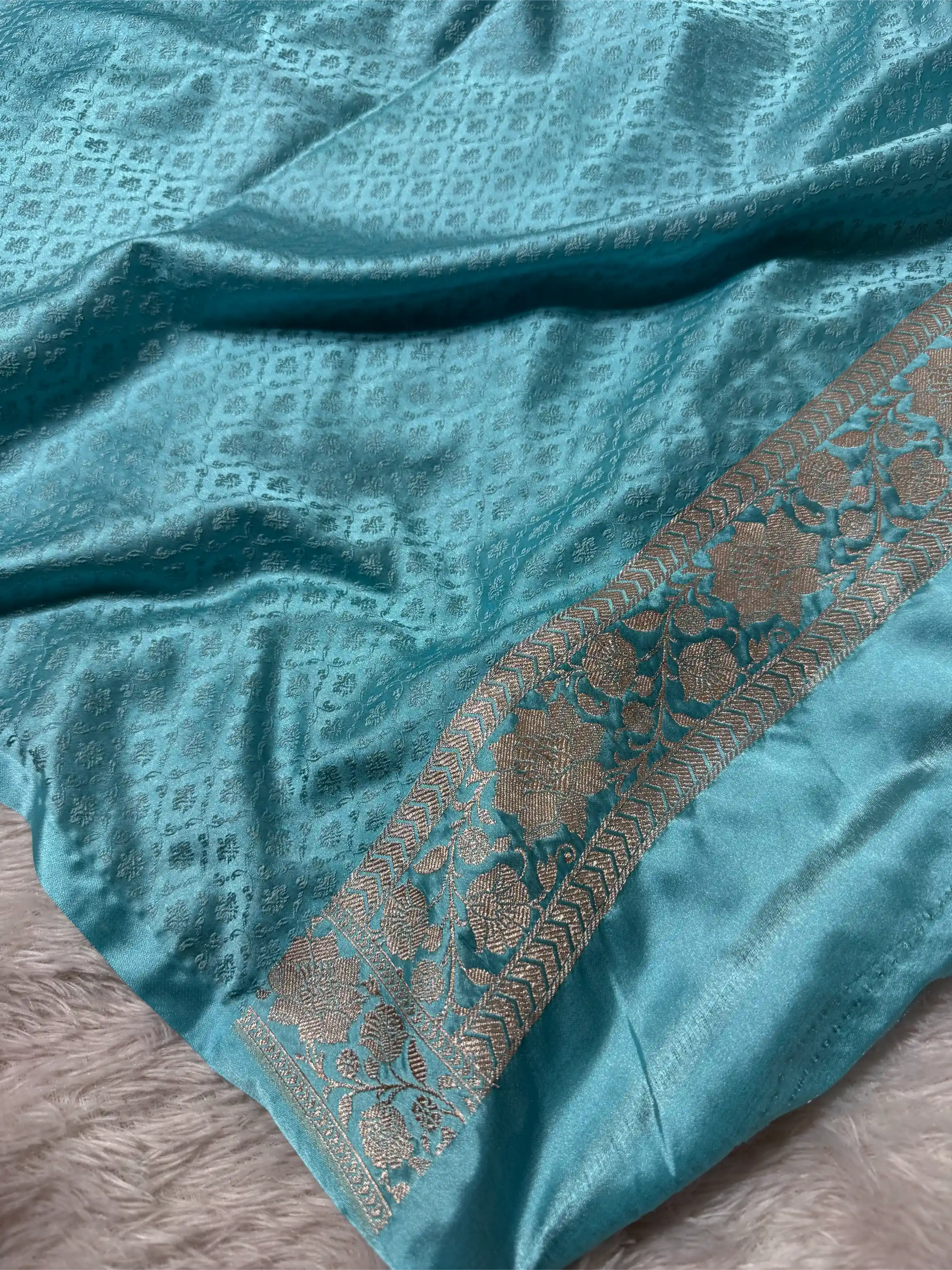 Firozi Mashru Katan Silk Heritage Jaal Weave Banarasi Saree