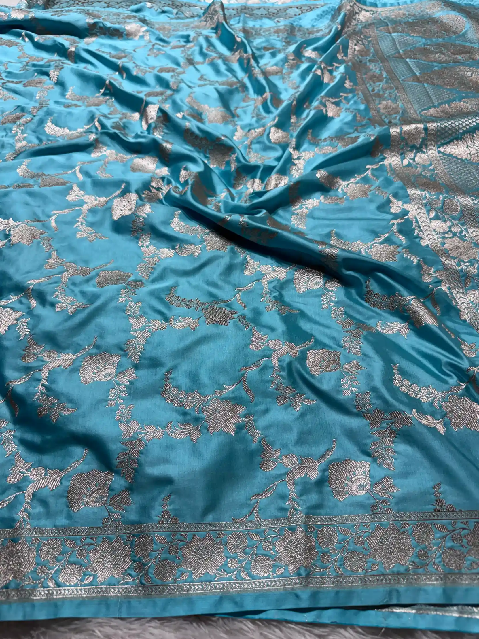 Firozi Mashru Katan Silk Heritage Jaal Weave Banarasi Saree