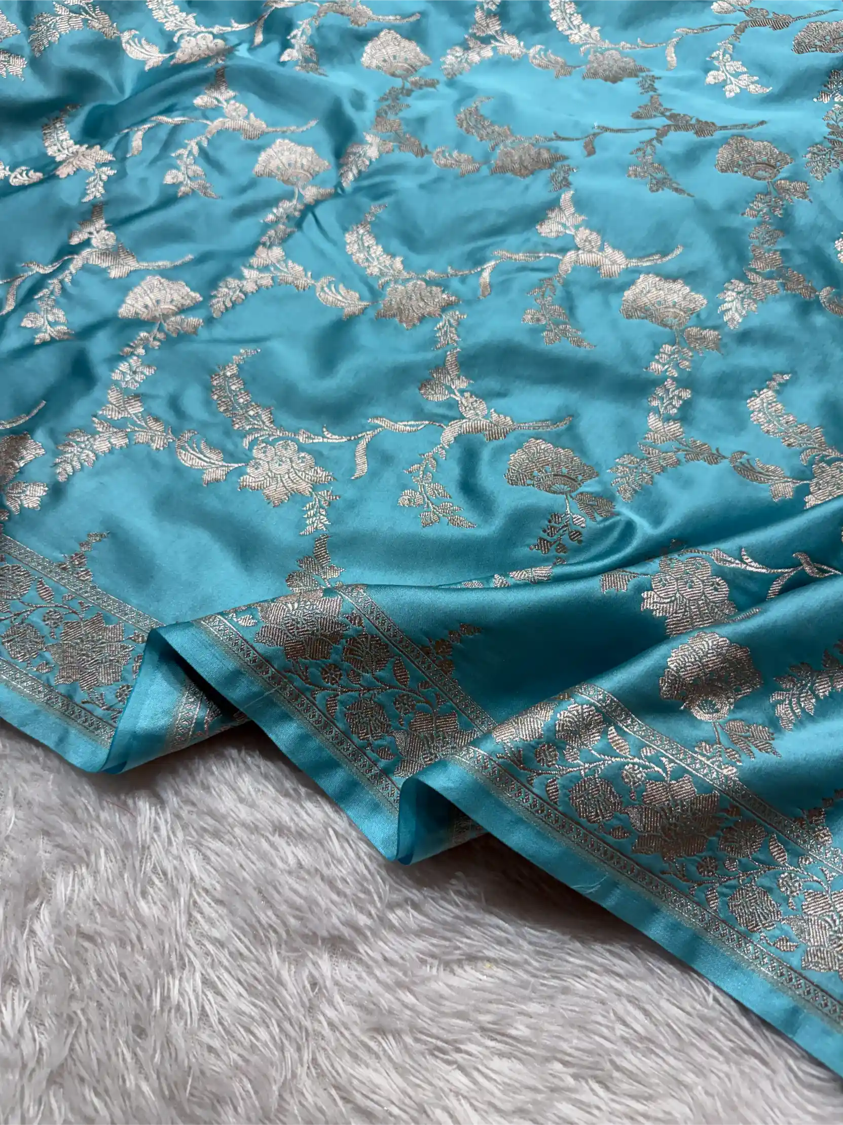 Firozi Mashru Katan Silk Heritage Jaal Weave Banarasi Saree