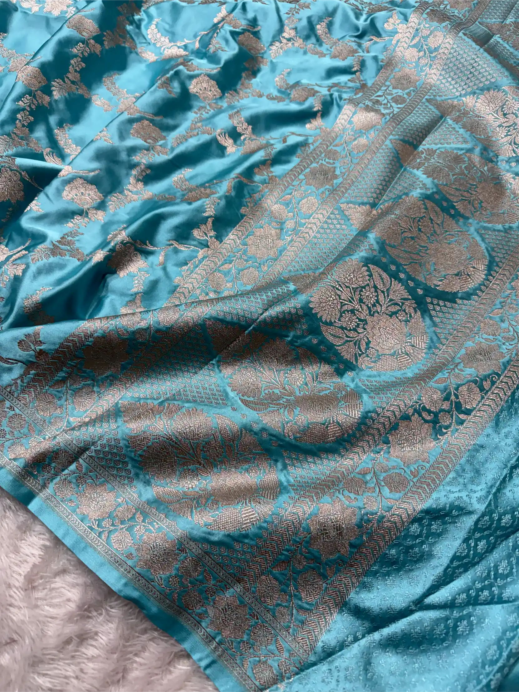 Firozi Mashru Katan Silk Heritage Jaal Weave Banarasi Saree