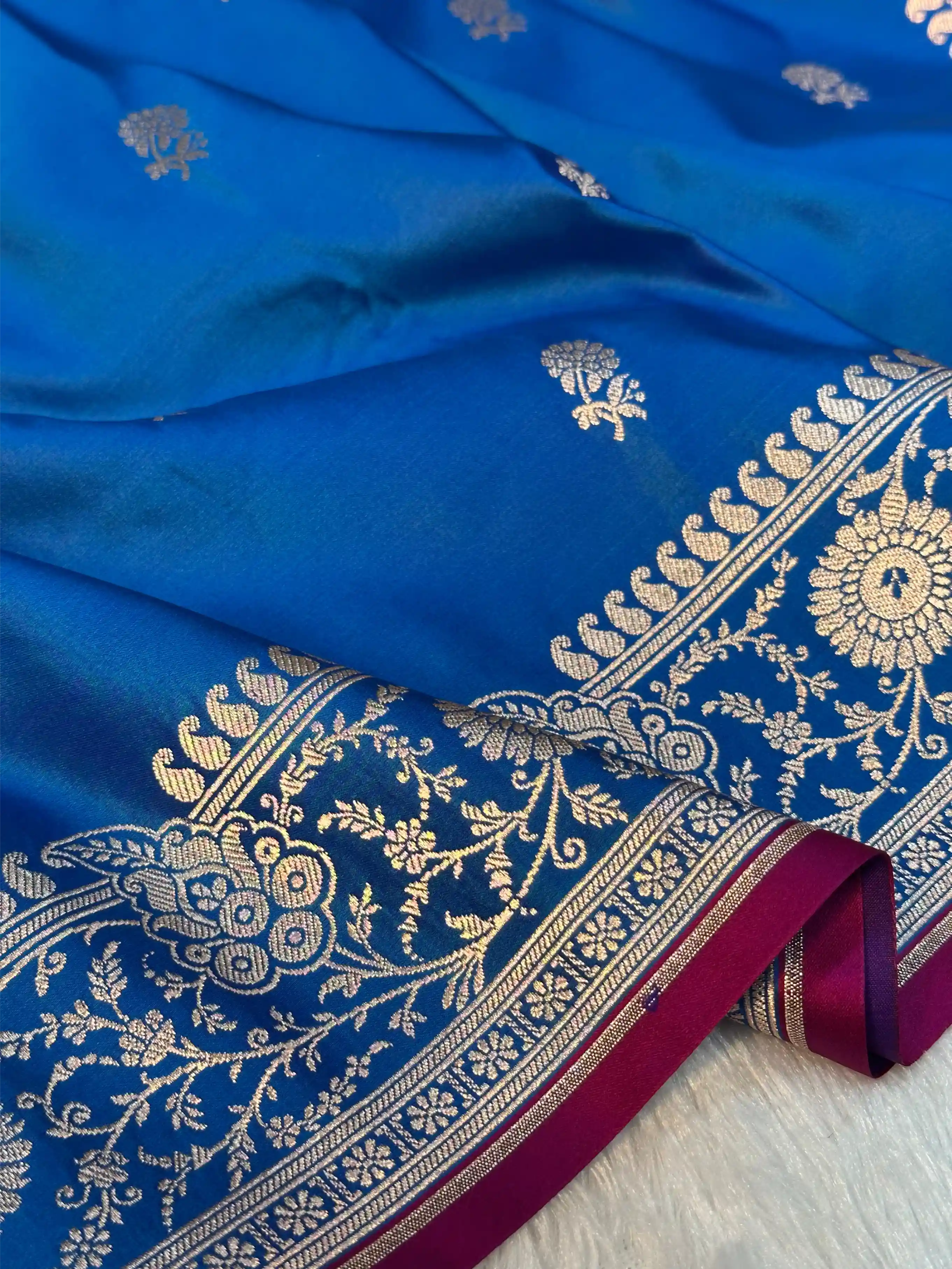 Firozi Blue Premium Mashru Katan Silk Banarasi Saree