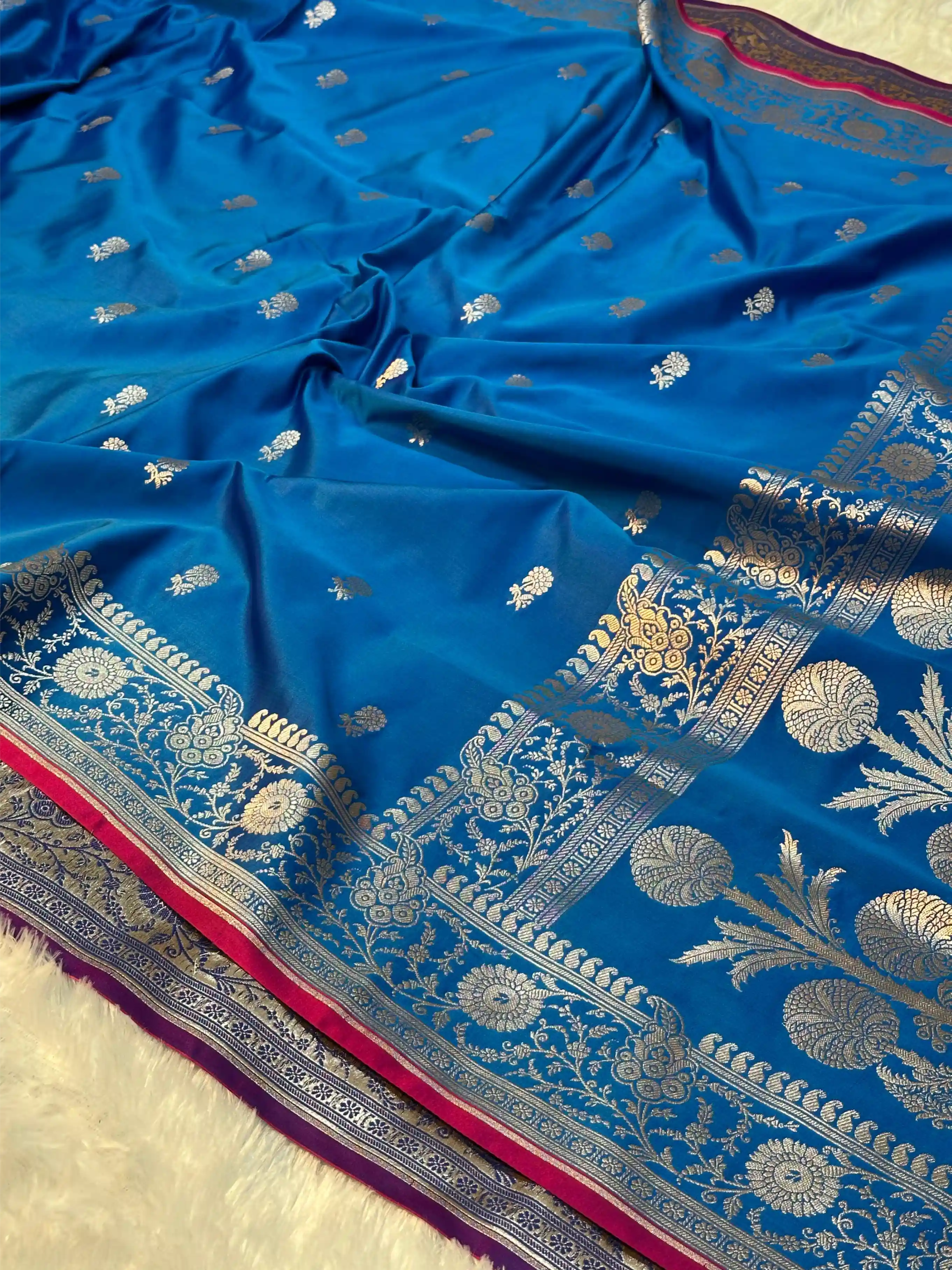 Firozi Blue Premium Mashru Katan Silk Banarasi Saree