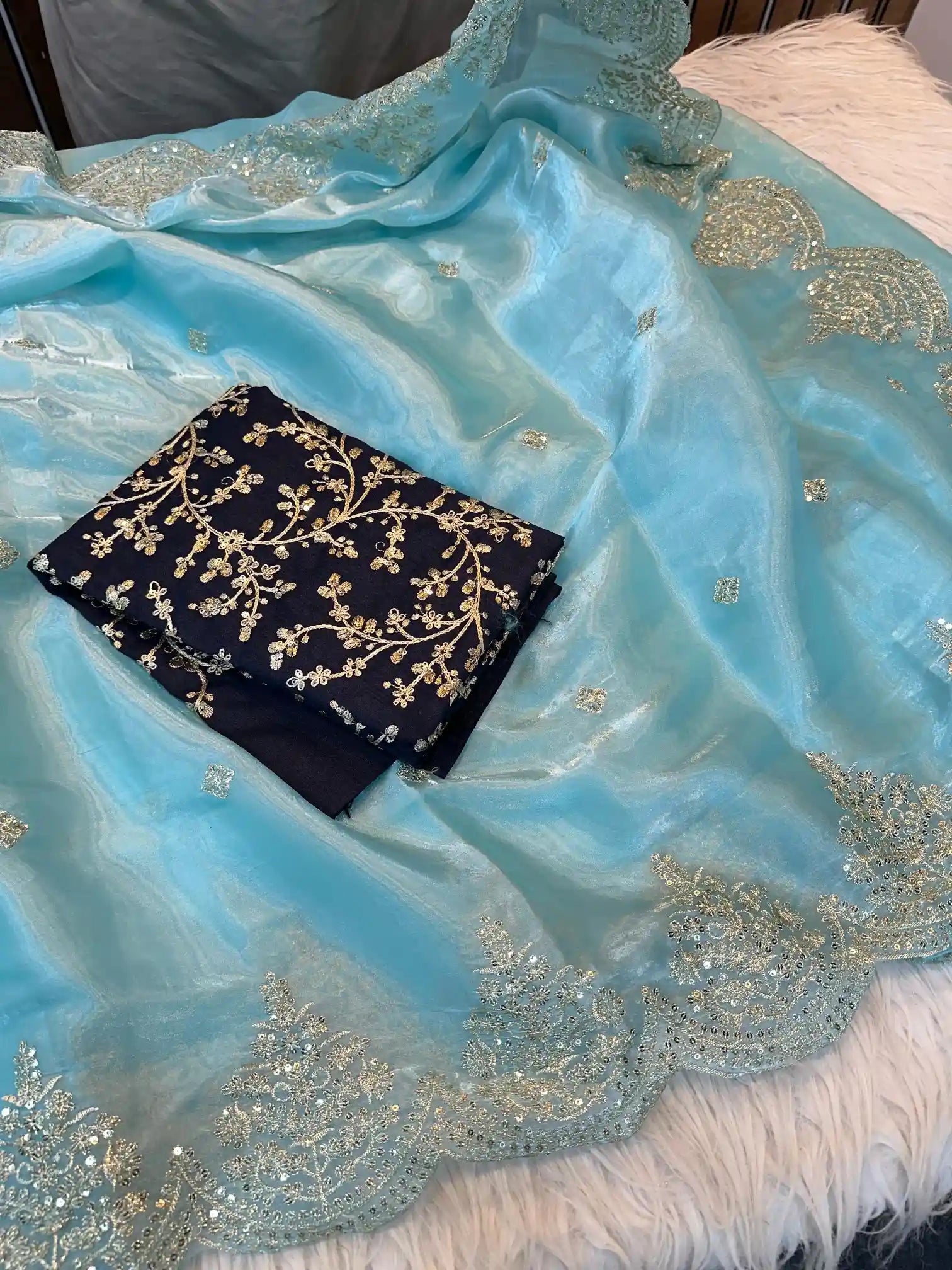Firozi Shimmery Tissue Silk Saree