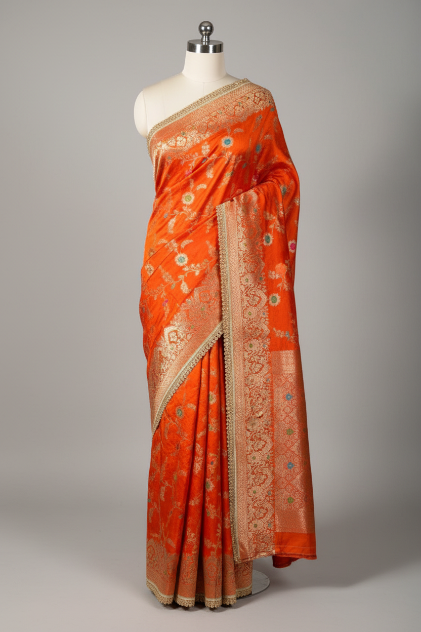 Bright Orange Premium Dipping Silk Lace Work Saree